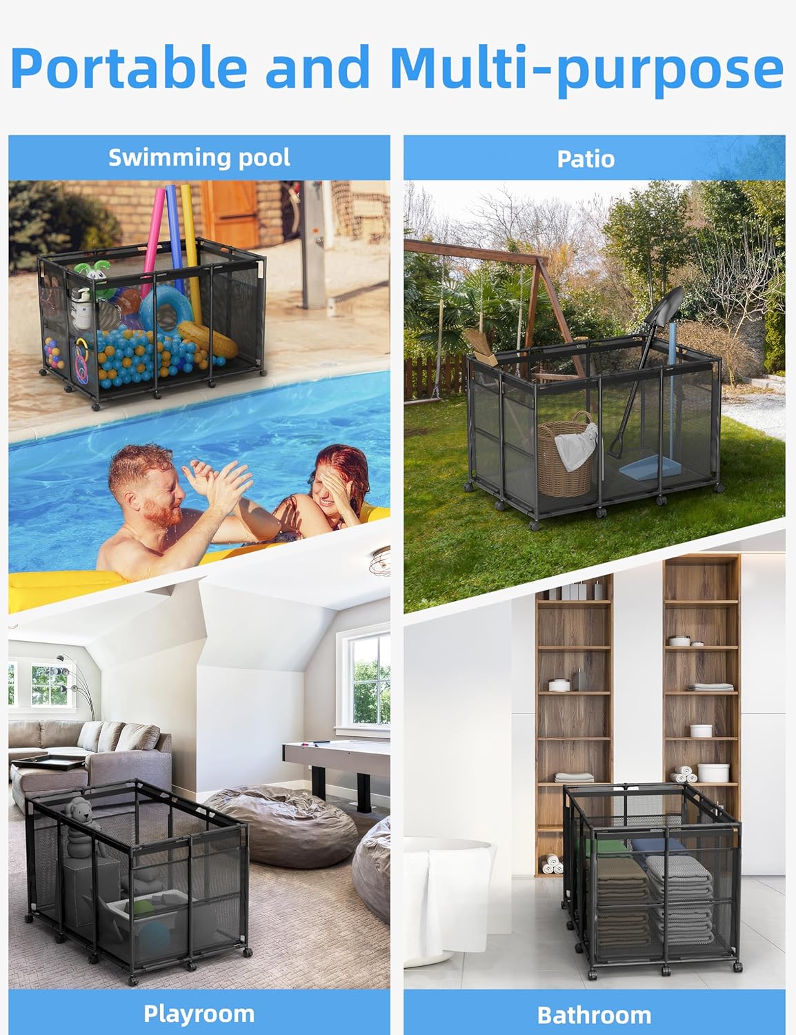 Pool Float Storage – Outdoor Pool Toy Storage Organizer for Pool Noodles, Toys, Floats, Balls,Equipment, Mesh Rolling Storage Organizer Bin, Black