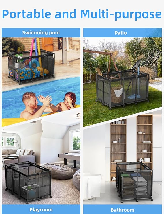 POOLHOUR XXL Large Pool Float Storage Bin, Pool Toy Organizer, Black | Outdoor Nylon Mesh Pool Toy Storage Organizer for Noodles, Floats, Balls & Poolside Equipment with Rolling Cart
