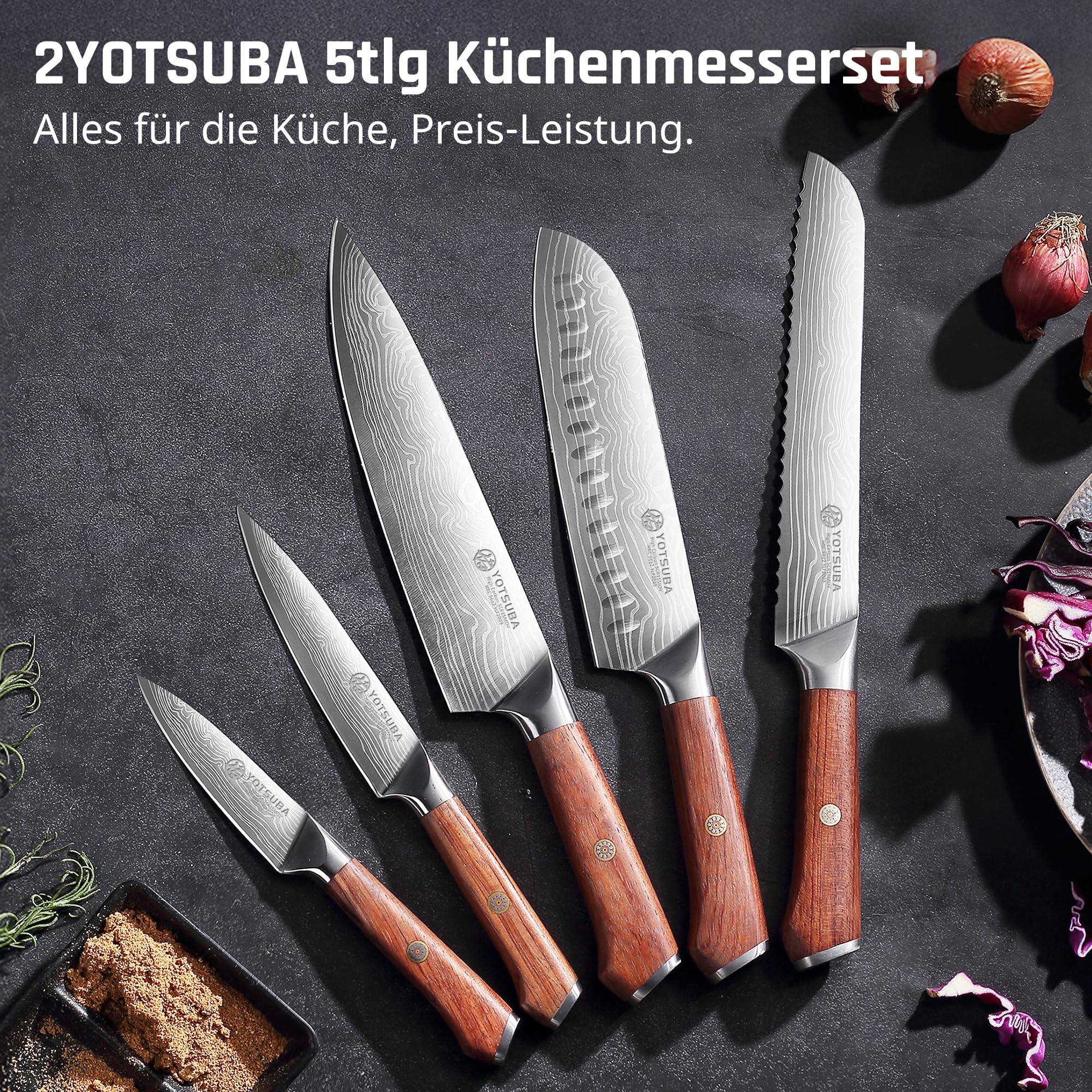 YOTSUBA Küchenmesser Set 5-teilig Messerset Scharf Küche aus hochwertigem Carbon Edelstahl, Ultra Scharfes Messerset mit Kochmesser, Brotmesser, Santokumesser, Allzweckmesser, Gemüsemesser