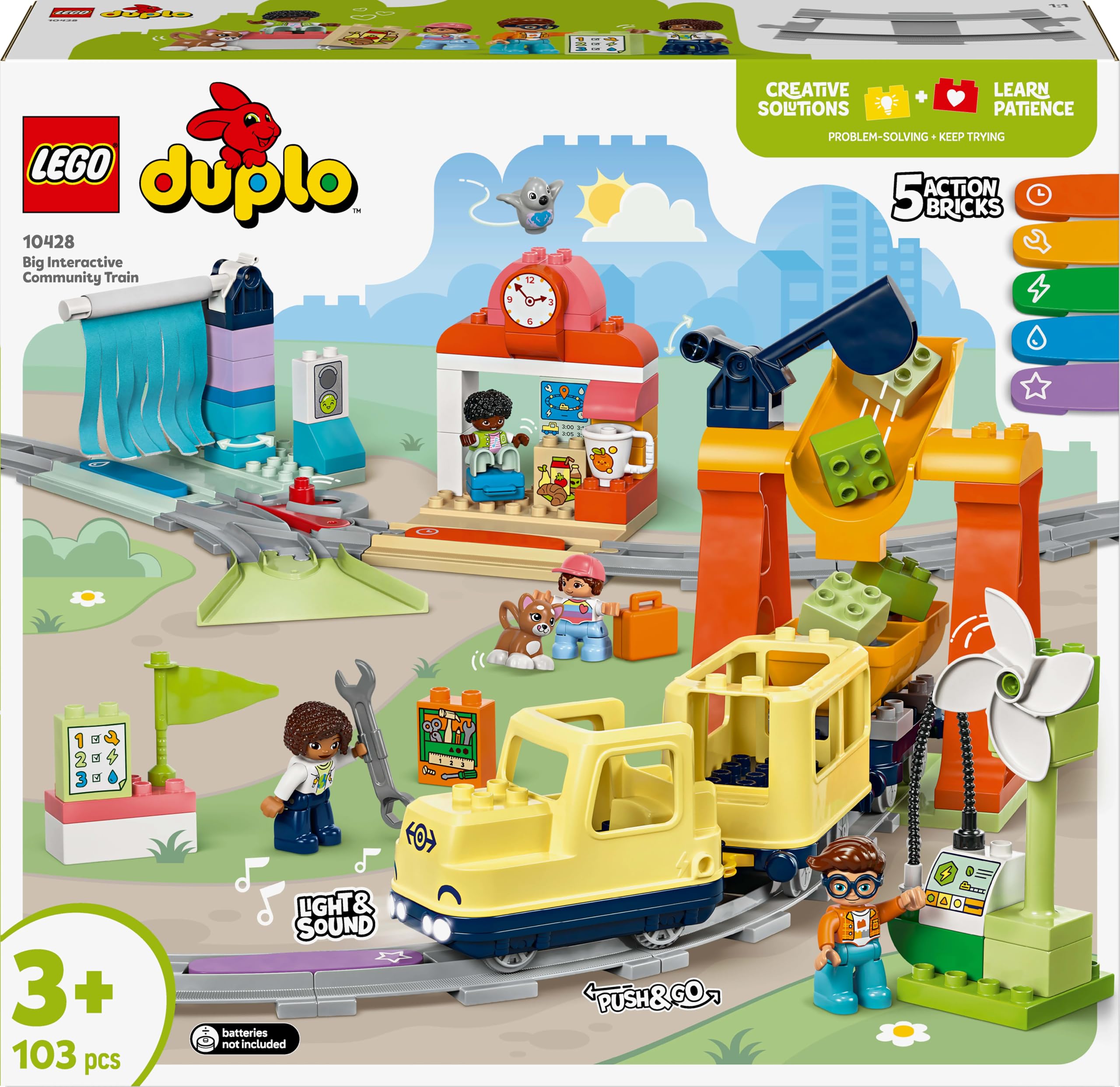 LEGO DUPLO Duży interaktywny pociąg miejski 10428 | zestaw kolejowy, interaktywna zabawka, prezent dla chłopca i dziewczynki 3+, światło i dźwięk, 103 elementy