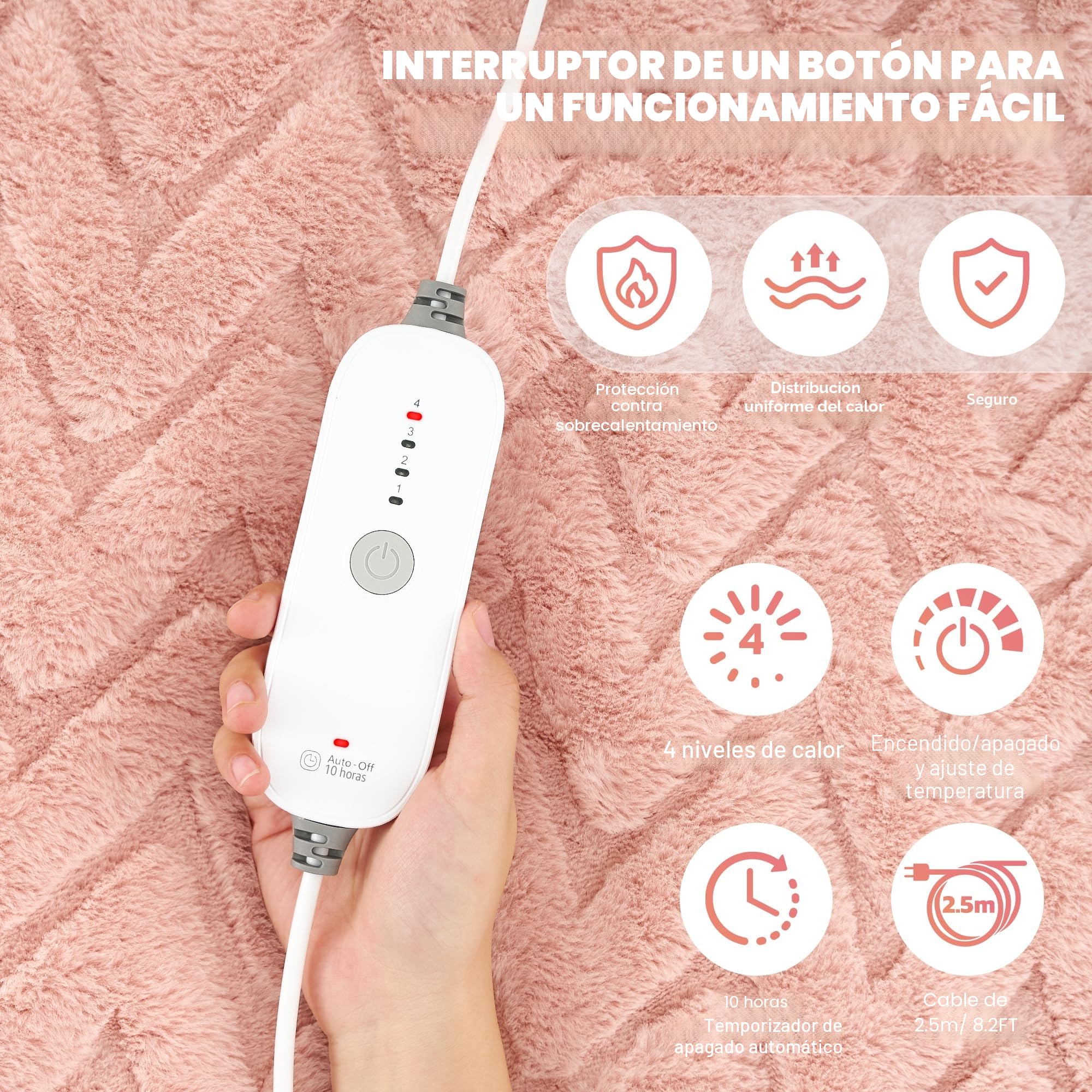 Manta Eléctrica 130x180 cm, Suave Vellón de Conejo y Sherpa, 4 Niveles de Temperatura y Apagado Automático 10H, Calor Corporal Completo, Lavable, para Sofá Cama Oficina (Rosa)