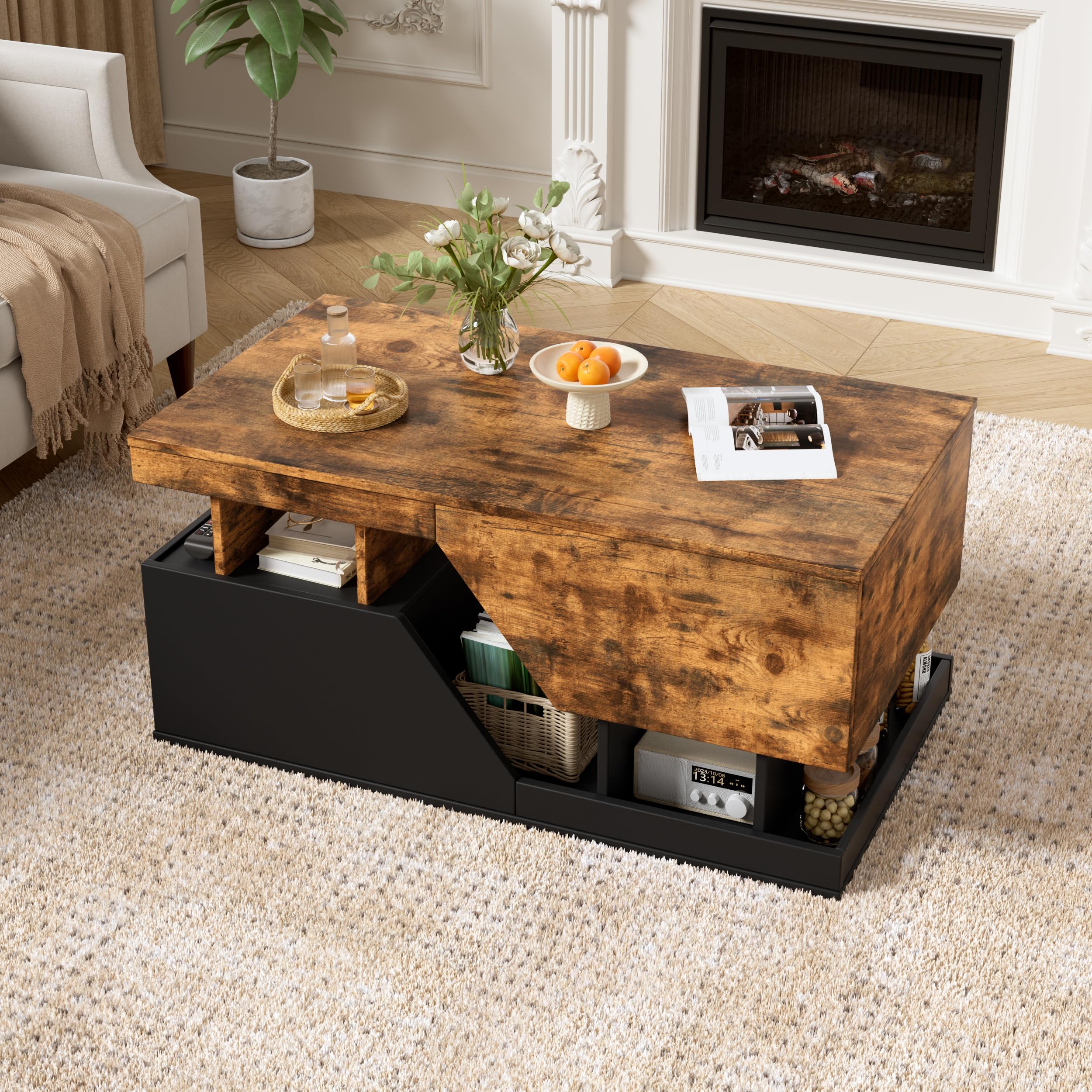 MSFE Couchtisch LED, Wohnzimmer Möbel mit 4 Schubladen und Offener Lagerraum, Couchtisch mit stauraum, Sofa Tisch, Wohnzimmertisch für Wohnzimmer/Esszimmer, Wohnzimmermöbel,Zwei Pakete