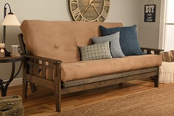 Queen Size Tucson Rustic Walnut Frame and Mattress Set 7 Inch Innerspring Futon Sofa Bed Wood Frame and Beige Matt