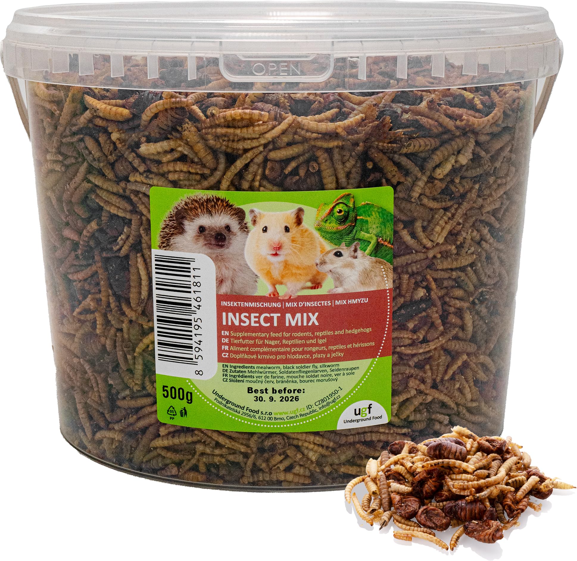 UGF - Insektenmischung - 500g im 3 Liter Eimer, Igelfutter, Rennmausfutter, Hamsterfutter, Rattenfutter, Eidechsenfutter - Mehlwürmer, Soldatenfliegenlarven, Seidenraupen