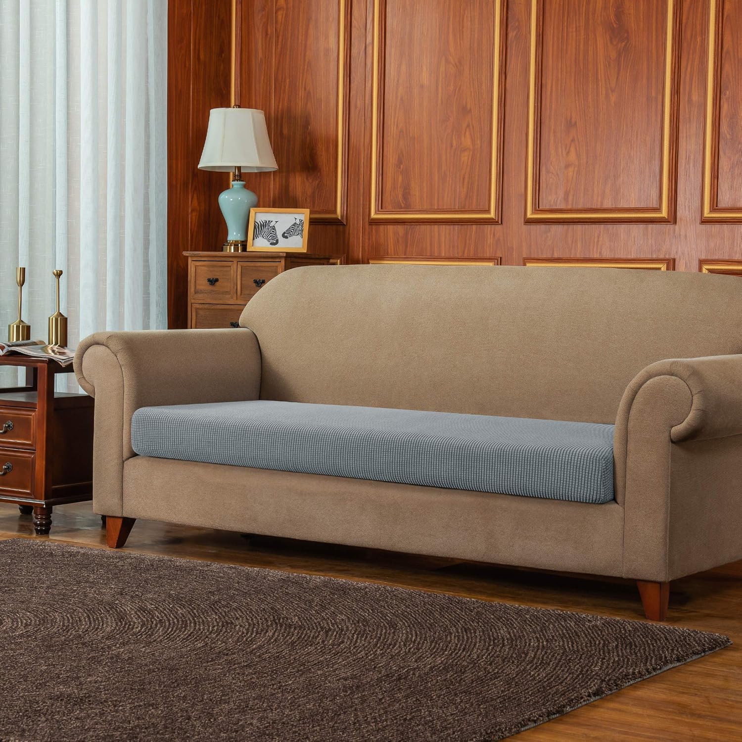 subrtex Sofa Seat Cushion Covers Stretch Polyester Fabric Seat Cushion Protector (2 Seaters, Light Grey) - Image 3