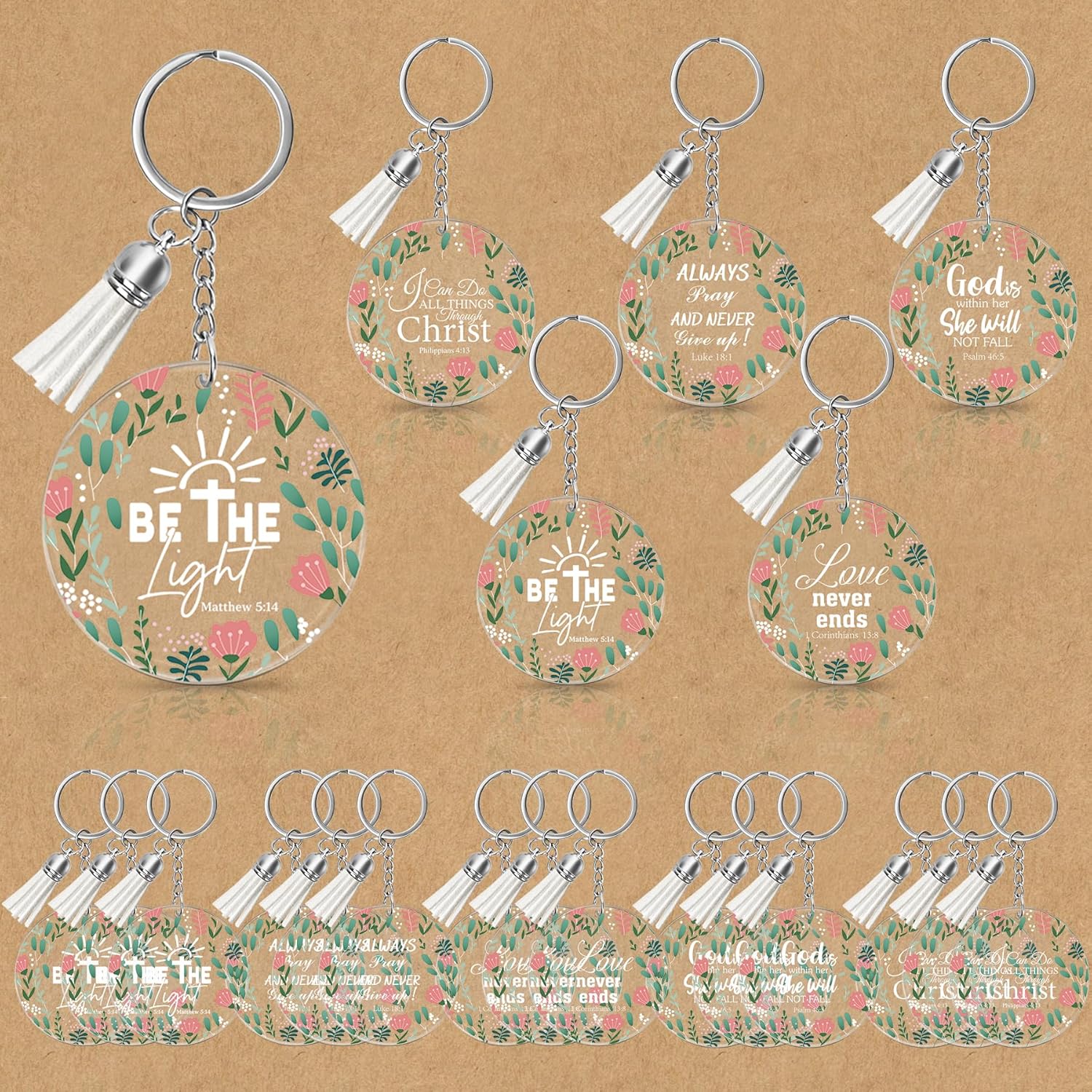 30/50 Pcs Bible Verse Keychains Bulk Inspirational Christian Acrylic Floral Keyrings Religious Gift for Women