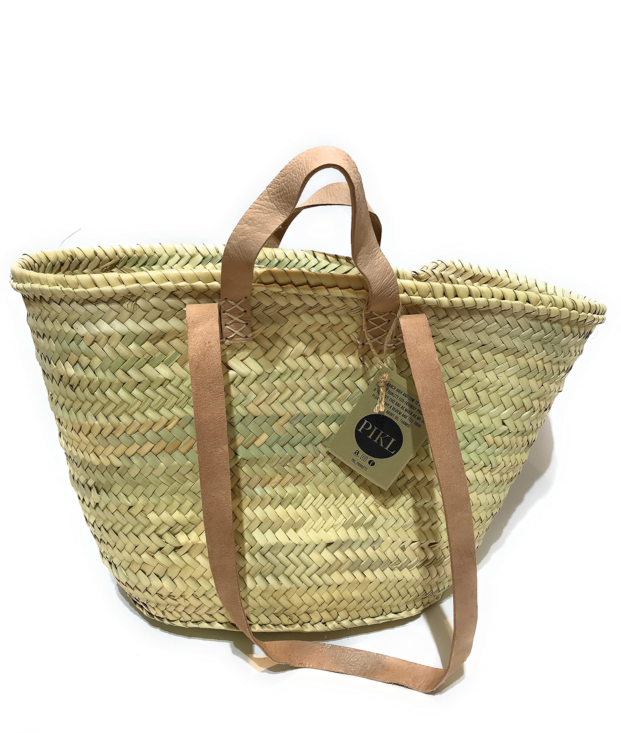 PIKL Essential Handmade Moroccan Tote Bag, Beach Bag, Market Shopping Basket with Leather Handles