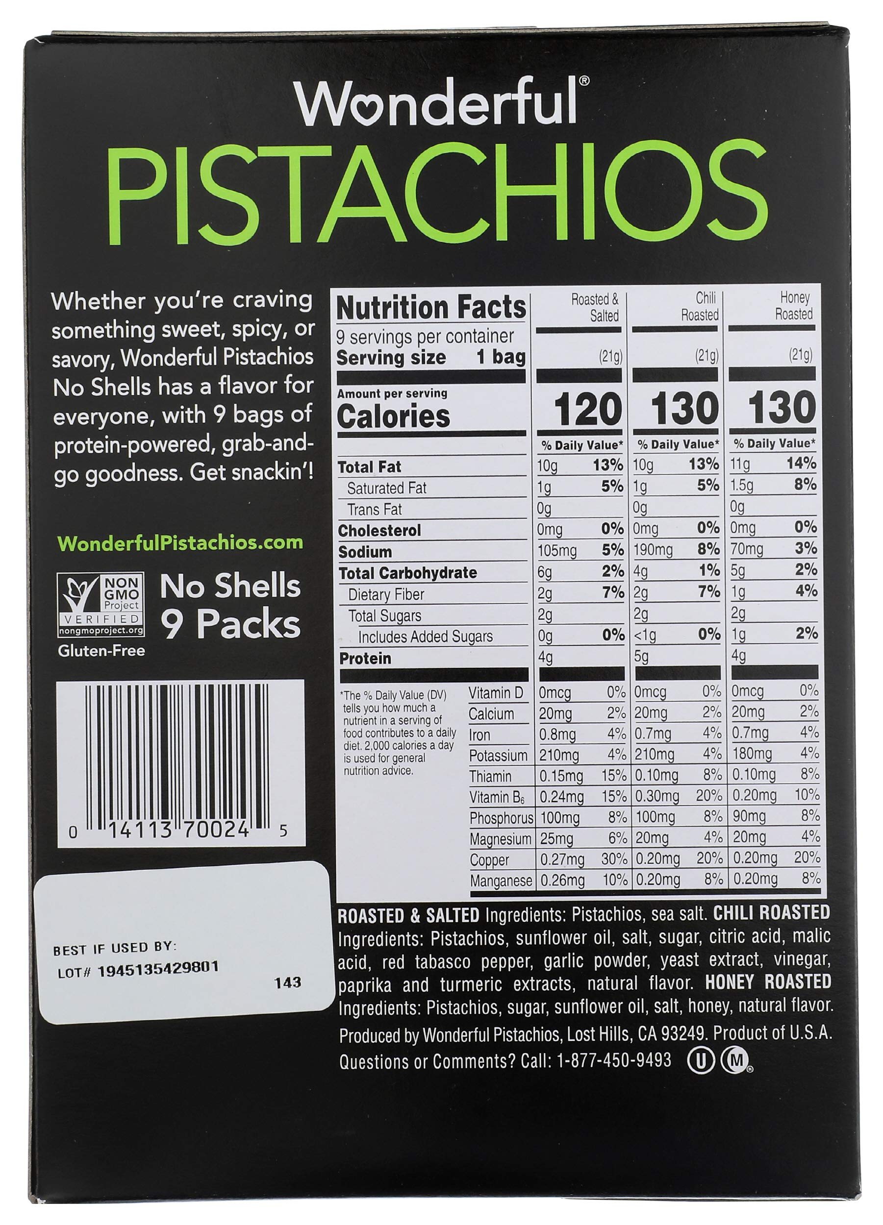 Buy Wonderful Pistachios, No Shells, 3 Flavors Variety Pack of 9 (0.75
