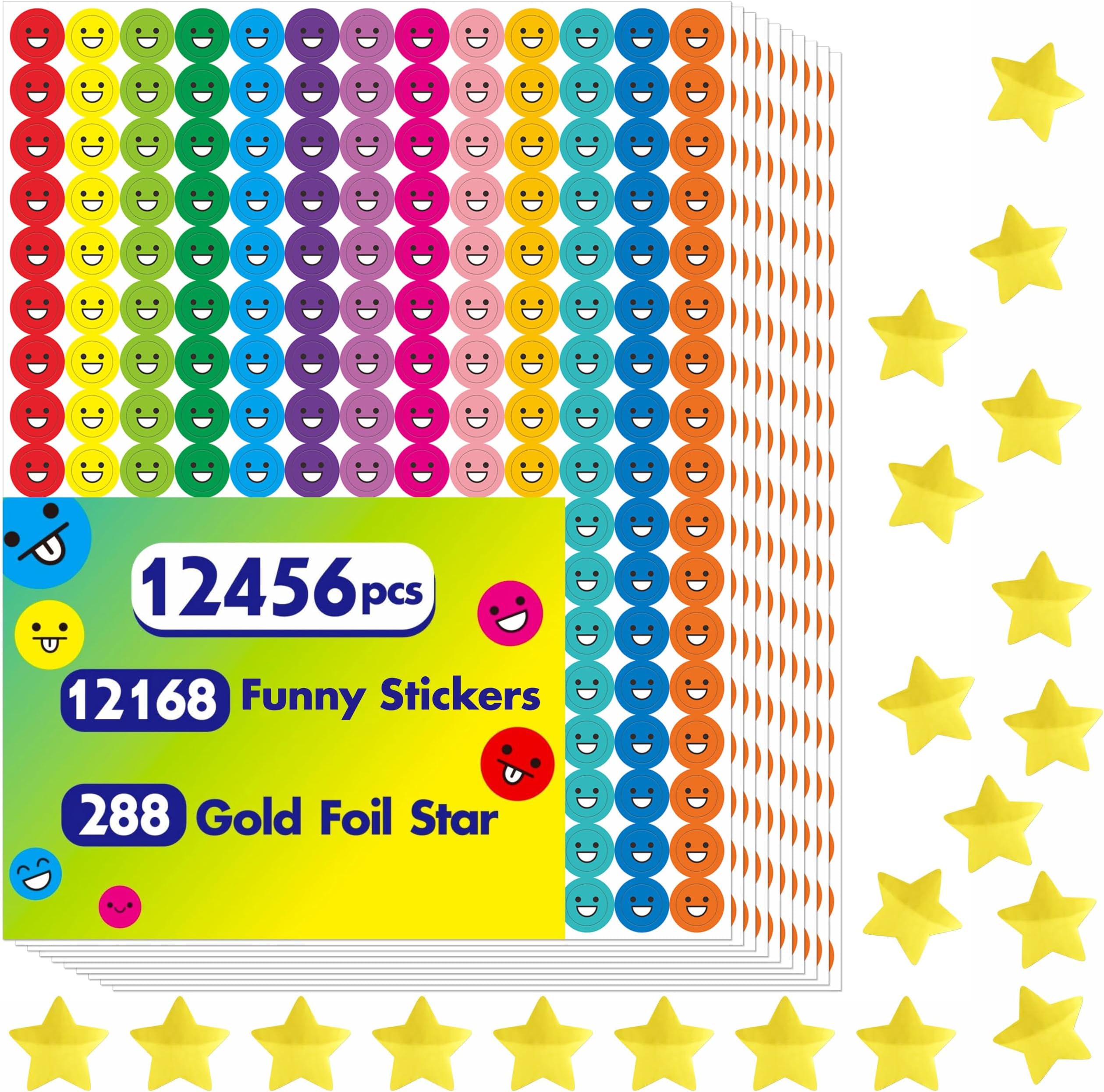 12456 PCS Funny Stickers, Mega Bundle Emotion Stickers in 14 Colors and 10 Designs Star with Stickers for Reward Behavior Chart (Each Measures 3/8”)