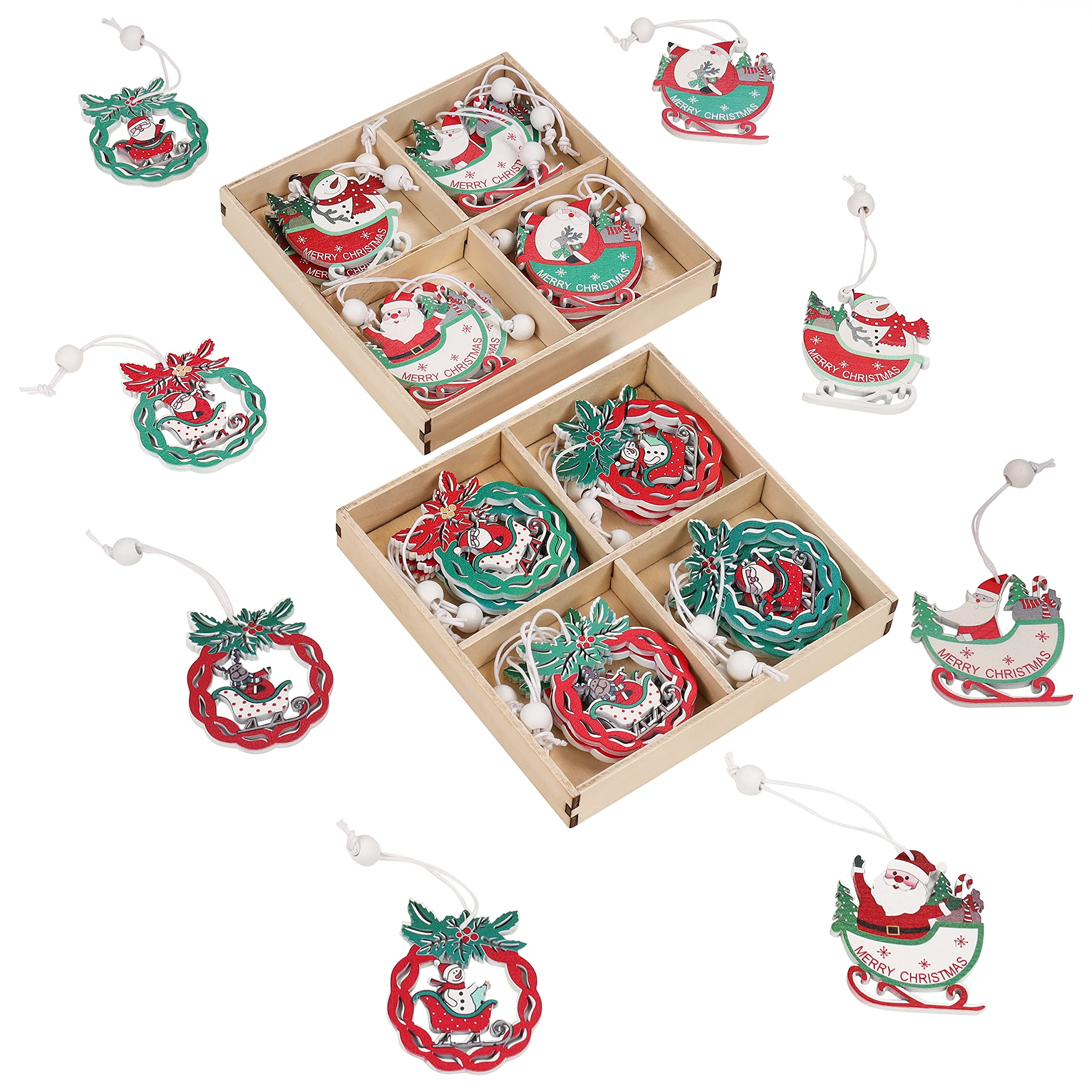 Belle Vous Wooden Hanging Ornament Christmas Decoration Set (32 Pack) - 8 Traditional Vintage Sleigh, Santa and Wreath Xmas Holiday Designs - Green, White and Red Colours