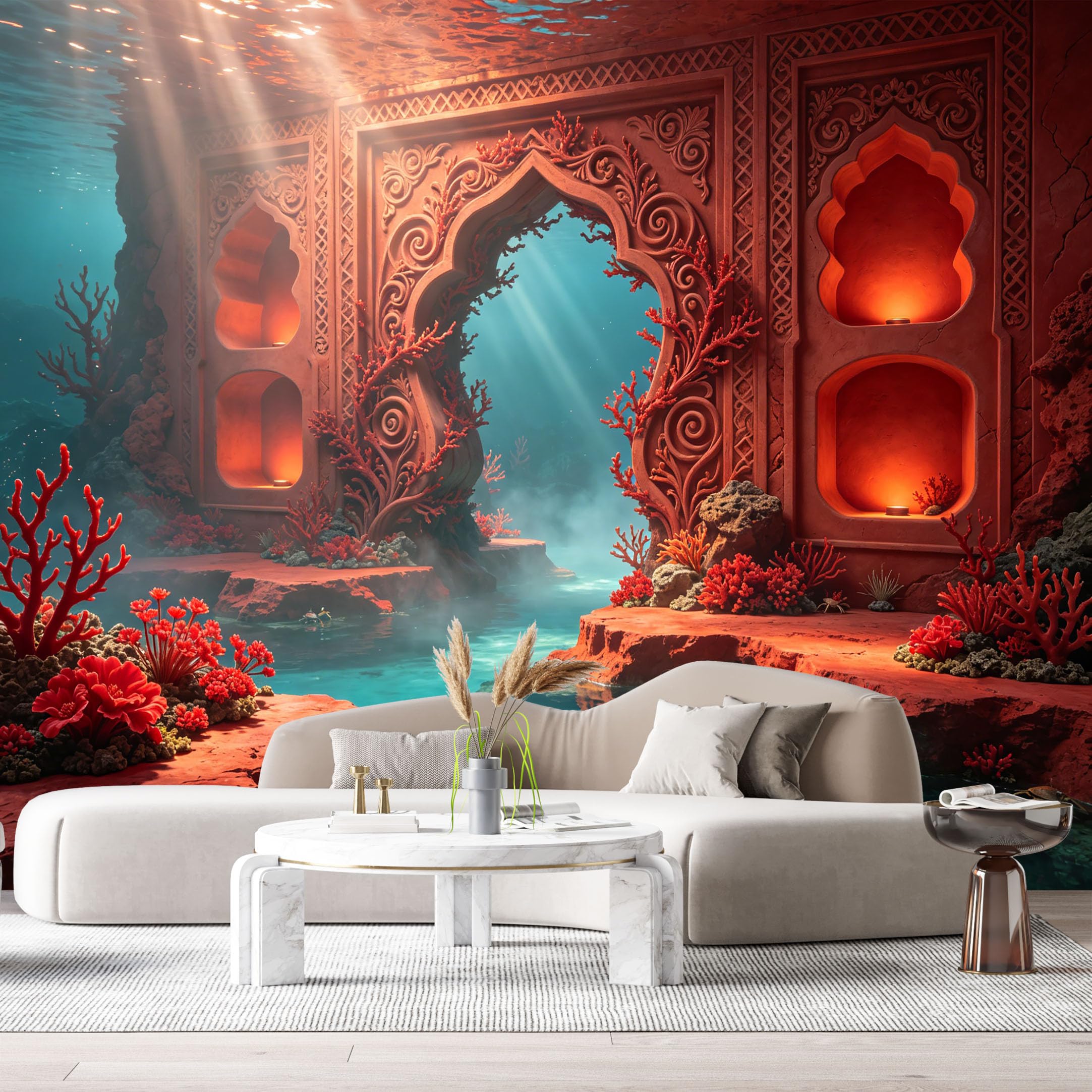 Custom Size Wall Murals Ocean Marine Ancient Temple Palace Underwater Coral Reef 3D Trompe L'Oeil SelfAdhesiveWall Fabric Removable Wallpaper Wall Decor for Living Room Bedroom Bathroom