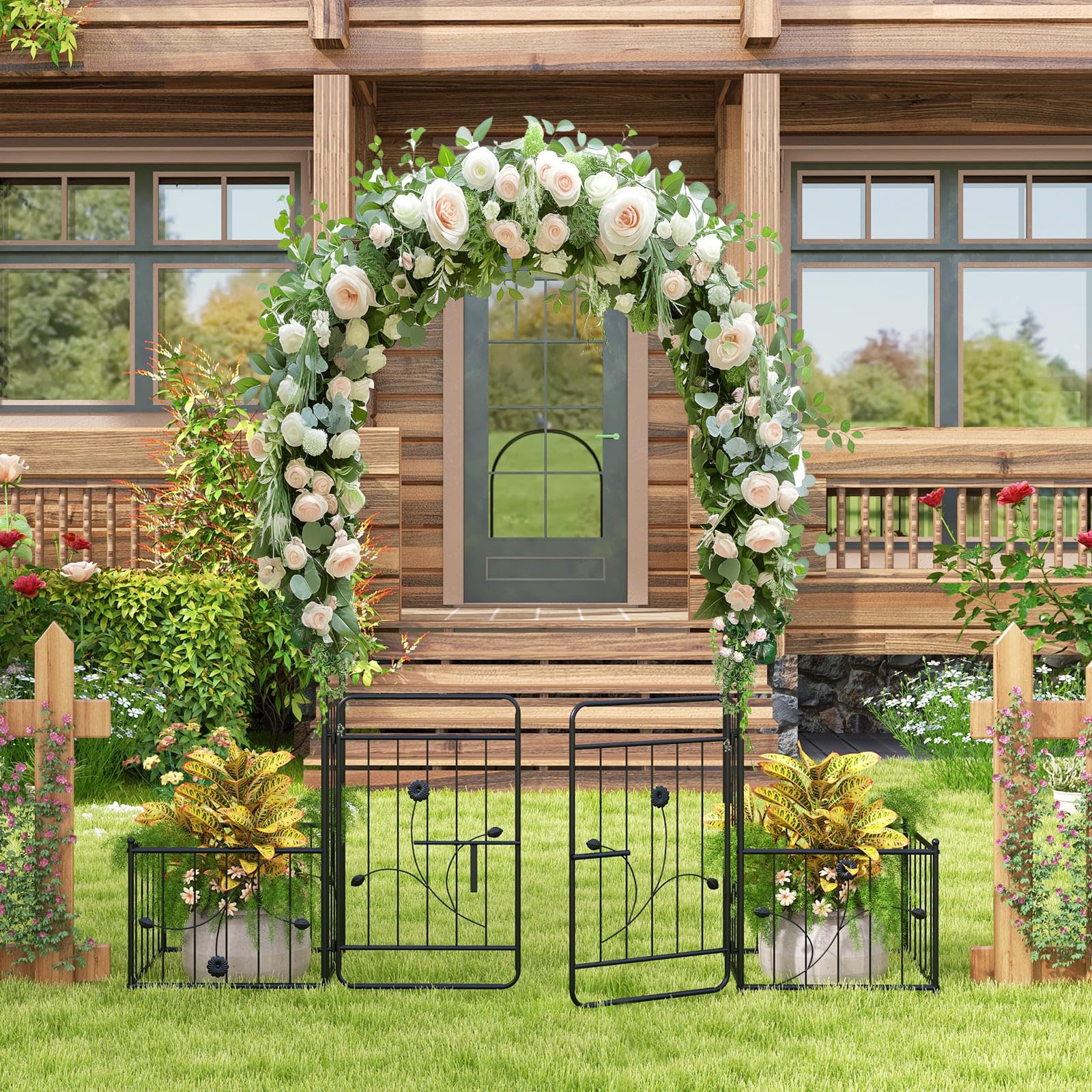 Arco da giardino con cancello, con telaio per piante, 198 x 220 x 50 cm | Arco da giardino in metallo stabile, traliccio per piante rampicanti, arco per matrimoni e decorazioni da giardino