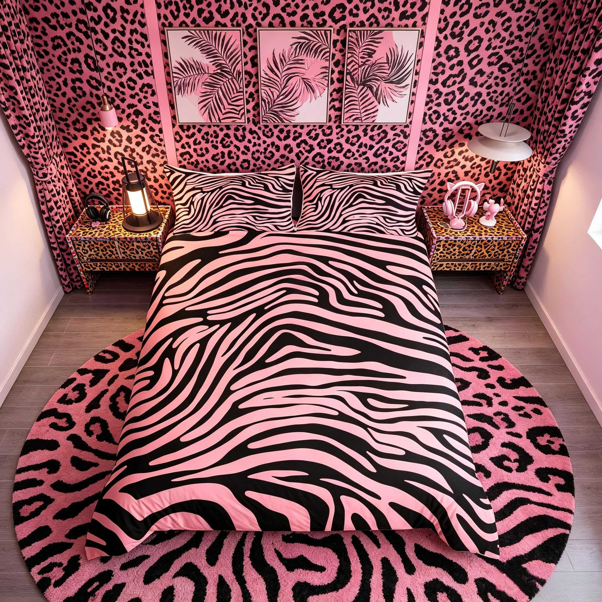 Loussiesd Leopard Bedding Set Zebra Stripes Comforter Cover for Kids Boys Girls Women Safari Wildlife Fur Duvet Cover Pink Black Zoo Animal Skin Texture Bedspread Cover Quilt Cover Junior/Cot Bed — image 1