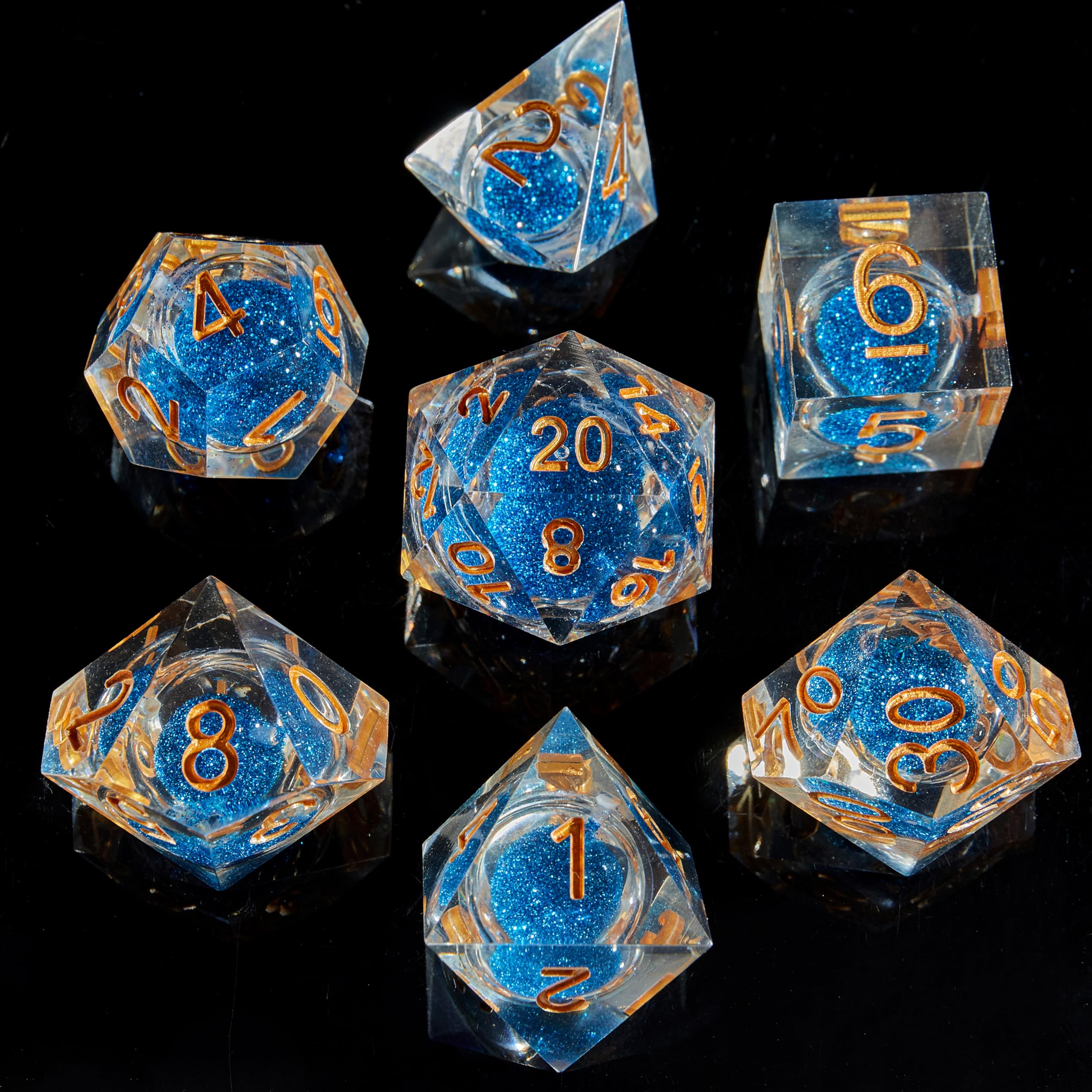 DND-Deep Blue Sand Flow,DND Dice Set Handmade 7 Accessories Sharp Edge Dice for Dungeons and Dragons TTRPG Games, Multi-Sided RPG Polyhedral Resin Sharp Edge Dice Roleplaying Games