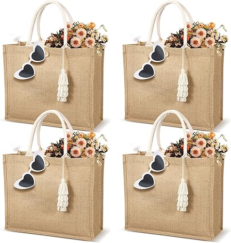 Woanger Paquete de 4 bolsas de arpillera para mujer, bolsa de regalo de yute para dama de honor, con asas y borlas, bolsas reutilizables para