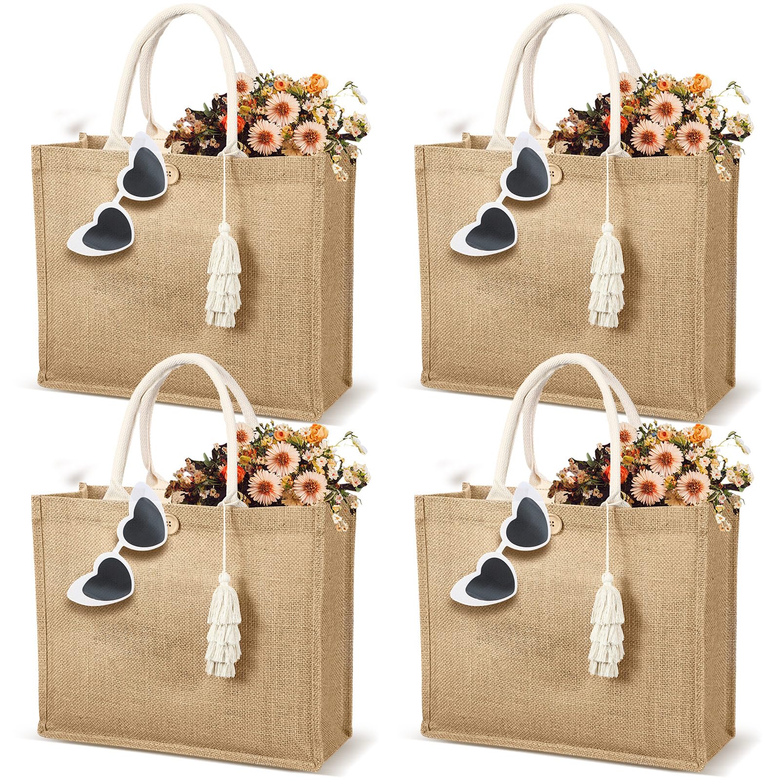 Woanger 4 Pack Burlap Tote Bags for Women Bridesmaid Jute Gift Bag with Handles and Tassels Reusable Grocery Bags for Wedding