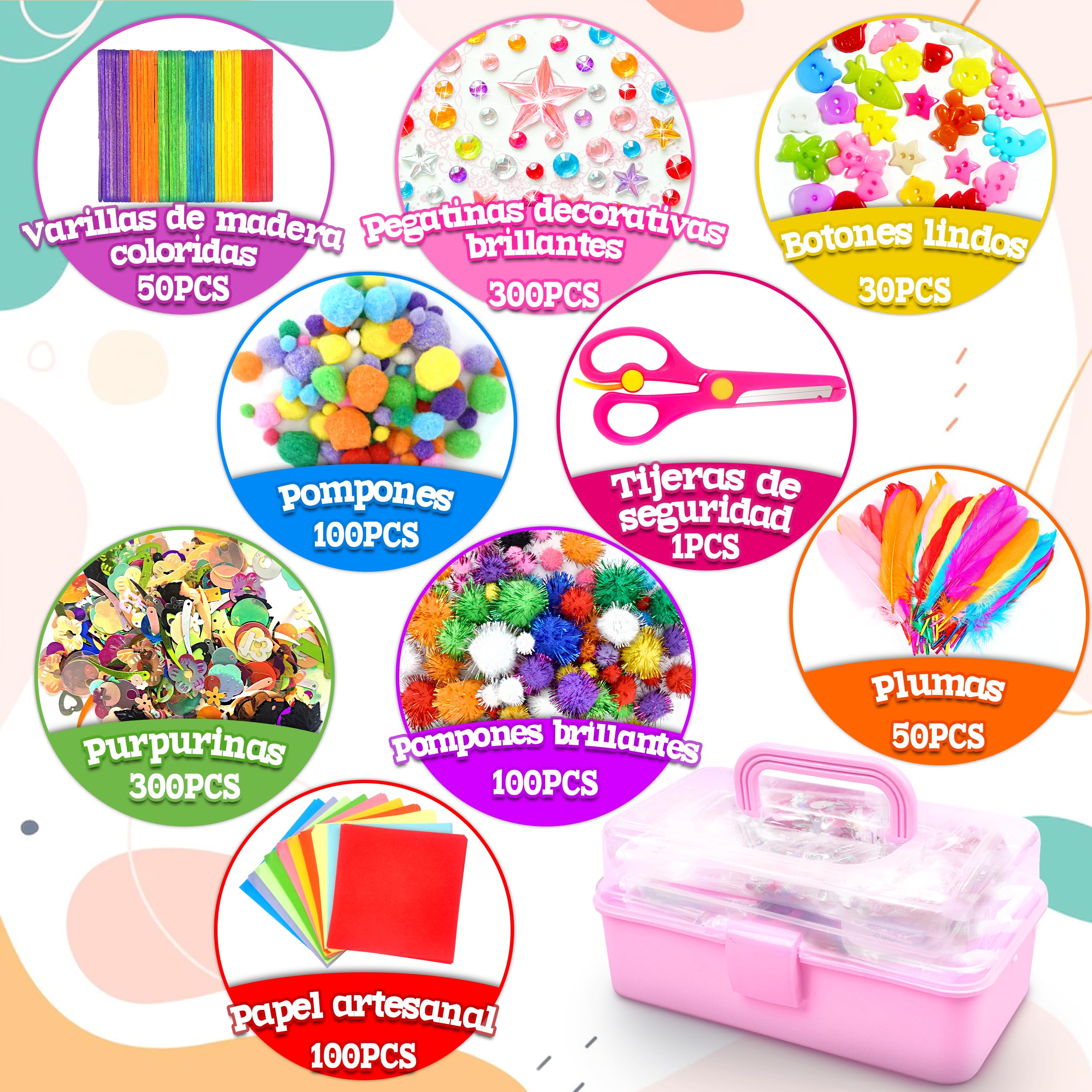 LINAYE 3000+PCS Kit Manualidades Niños, Kit de Manualidades DIY Todo en Uno Maletín Caja Manualidades, Conjunto Material Manualidades con Pompones y Varillas de Limpieza, Regalo Ideal 4-8 rosa