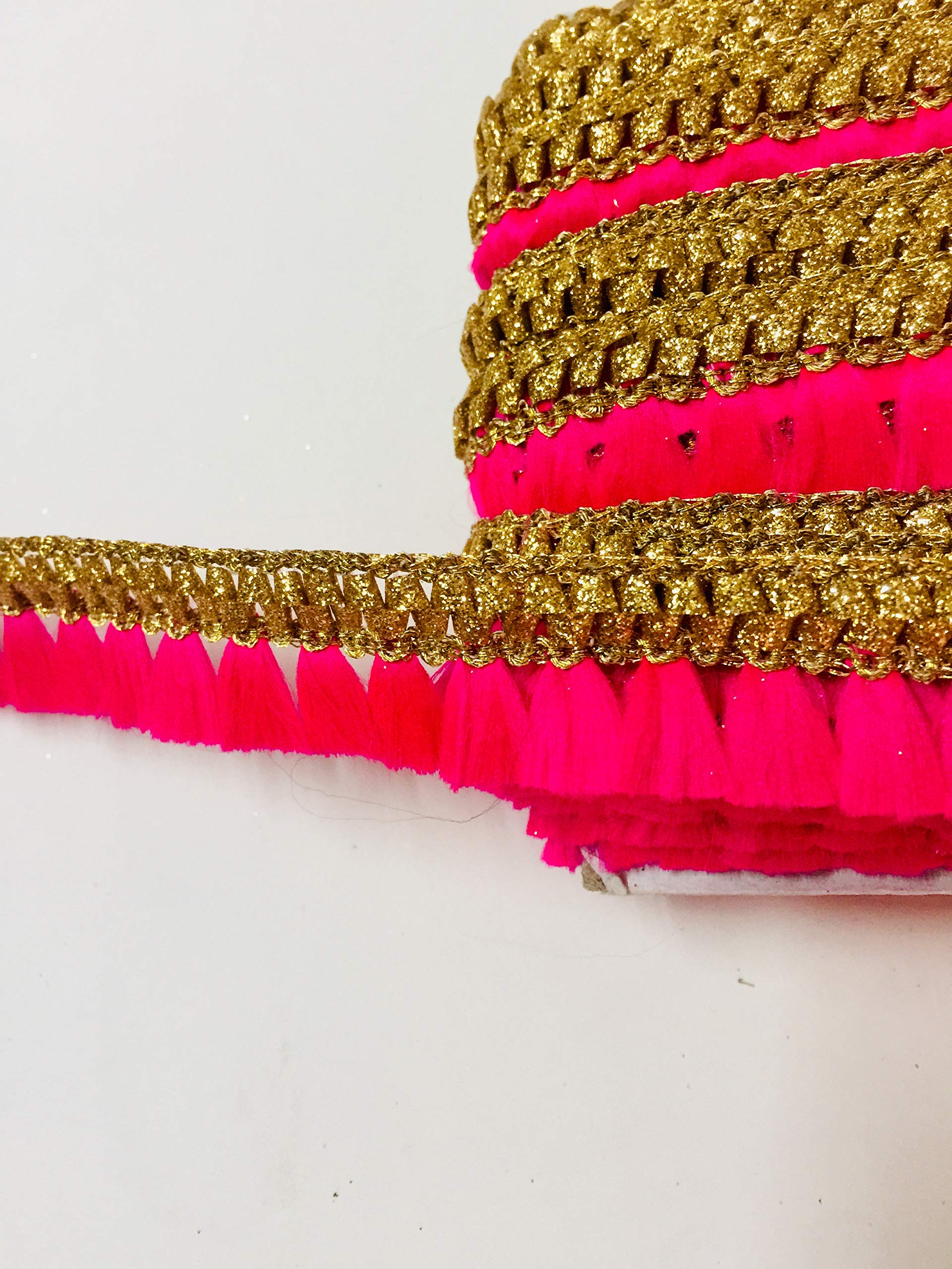 Eerafashionicing Machine Made Embroidery Border Zari & Resham Thread Laces Gota Border Gota Patti Tassel Lace for Dresses, Crafts, Home Decor ( Hot Pink And Golden , 9 Mtr) 1