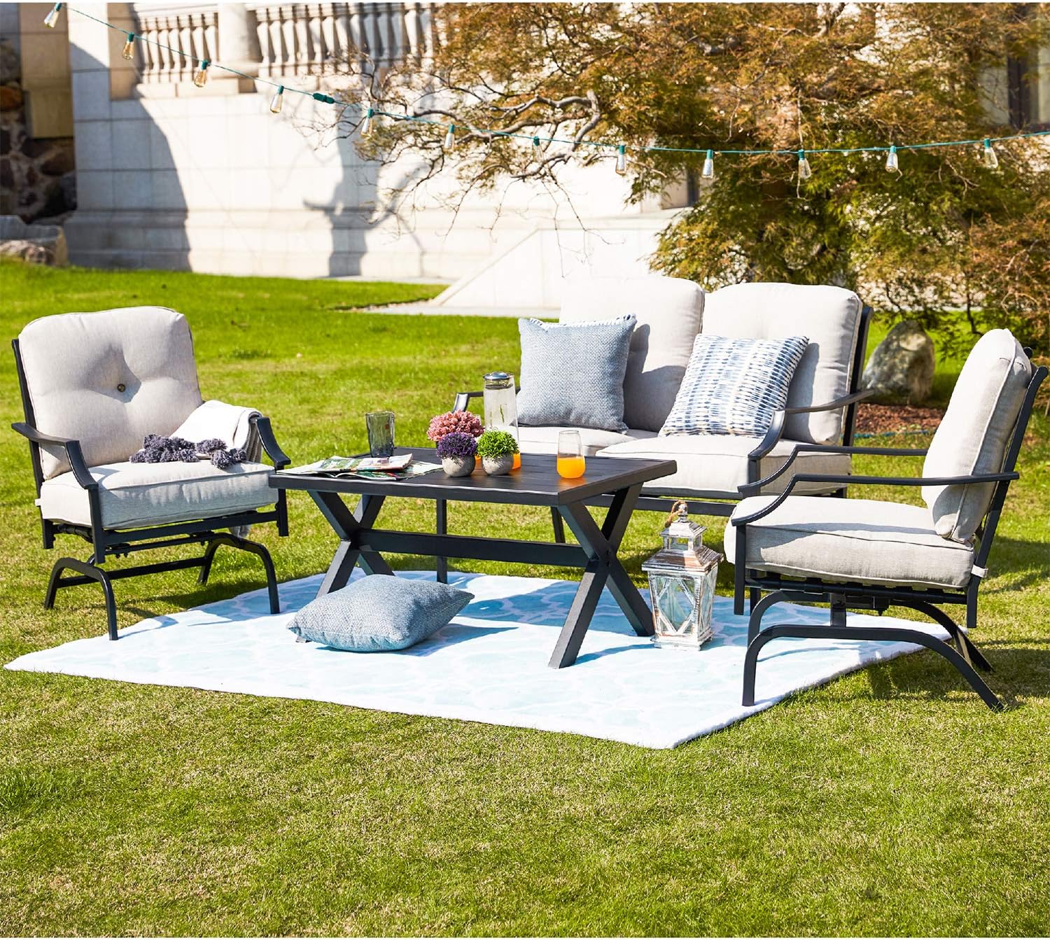 Festival Depot 4 Pieces Dining Outdoor Patio Bistro Furniture Loveseat Armchairs Set with Comfortable&Soft Cushions Premium Fabric with Curved Armrest with Slatted Steel Coffee Table Metal Frame,White