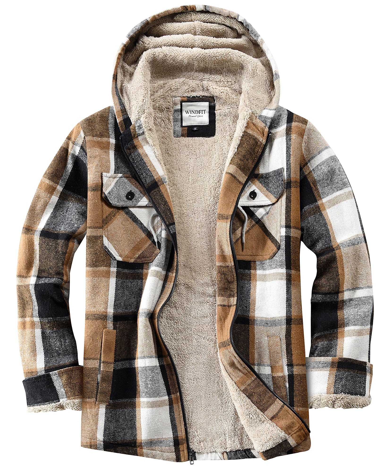 WINDFIT Damen Fleece-Flanelljacke mit durchgehendem Reißverschluss, kariert, Sherpa-Futter, Jacke für Damen
