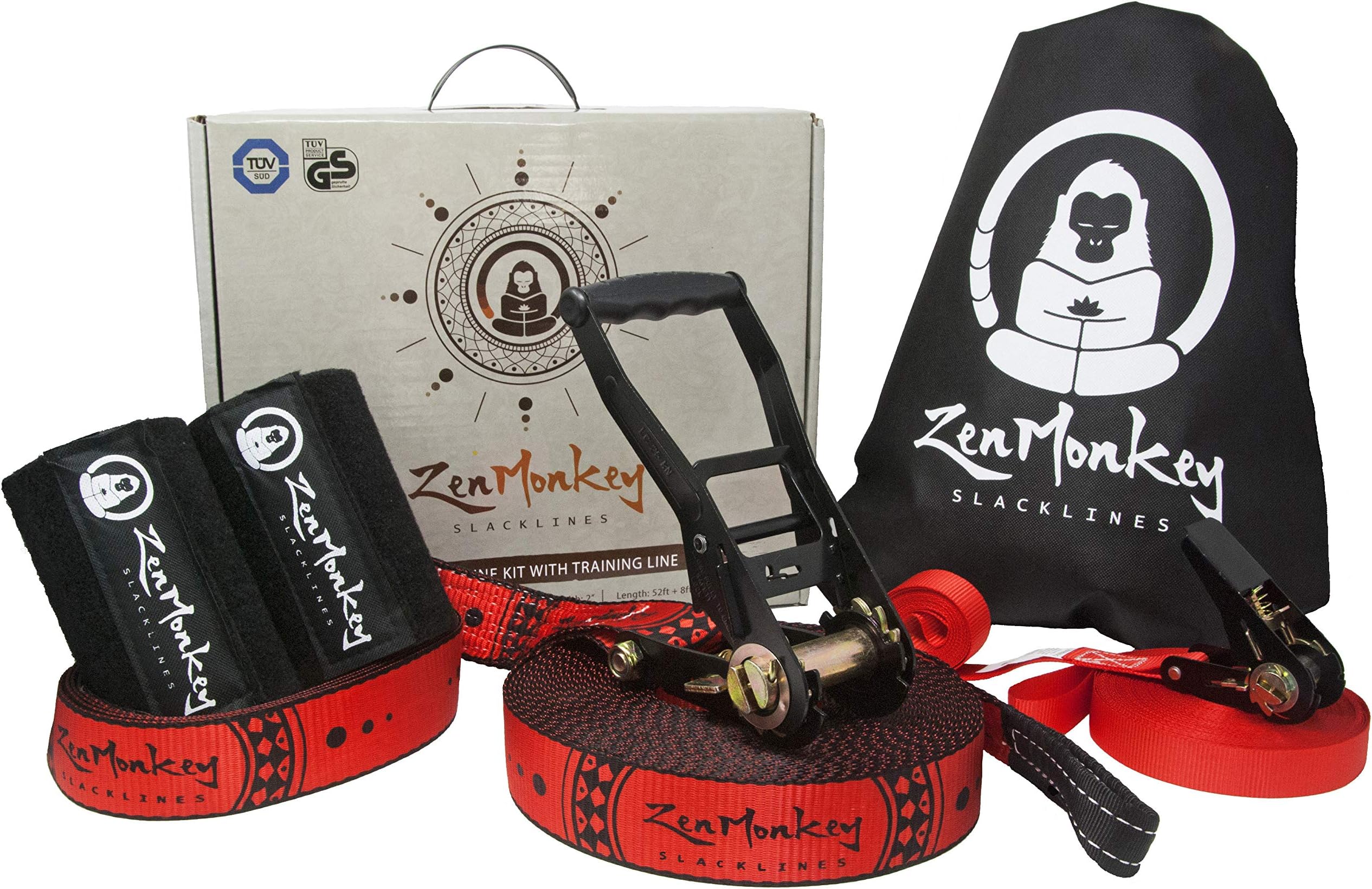 ZenMonkey Slackline Kit with Overhead Training Line, Arm Trainer, Tree Protectors, Cloth Carry Bag and Instructions, 60 Foot - Easy Setup for the Family, Kids and Adults