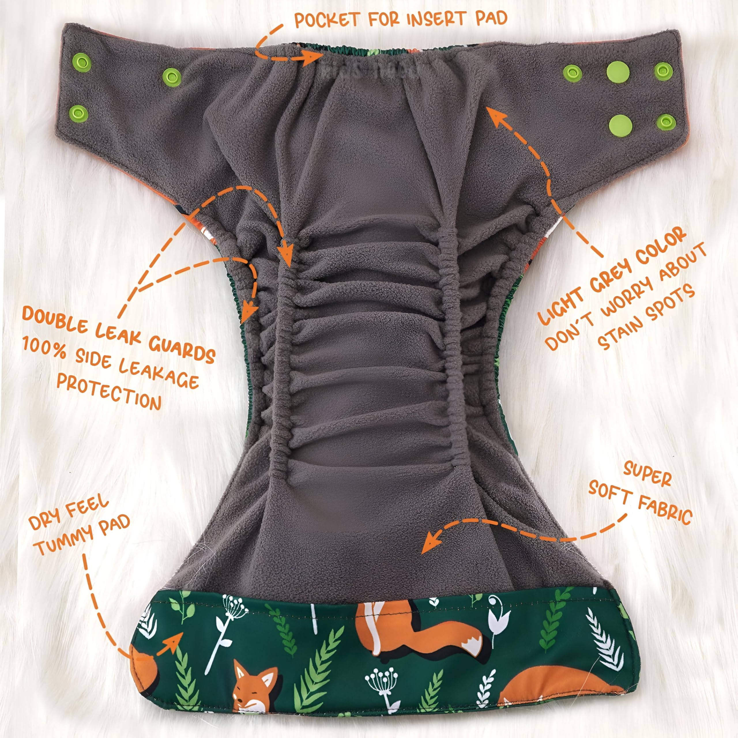 Laee cute Reusable Cloth Nappy with Fox Pattern, Green and Orange, Snap Buttons (Green+Orange) 1