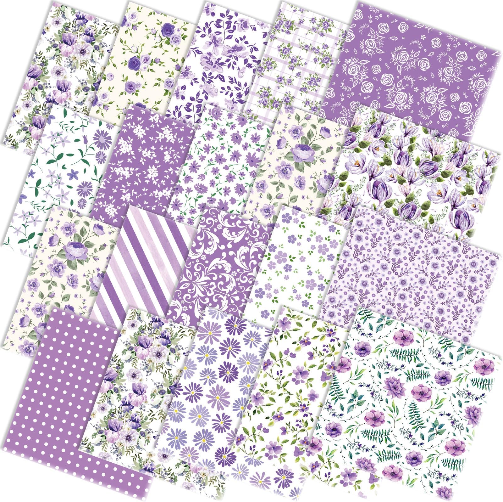 20 Pcs 20 x 20 Inch Fat Quarters Purple Fabric Bundles, Polyester Purple Floral Fabric Squares, Vintage Plaid Stripe Flower Sewing Fabrics for Quilt Patchwork Cushions DIY Craft Party Decor
