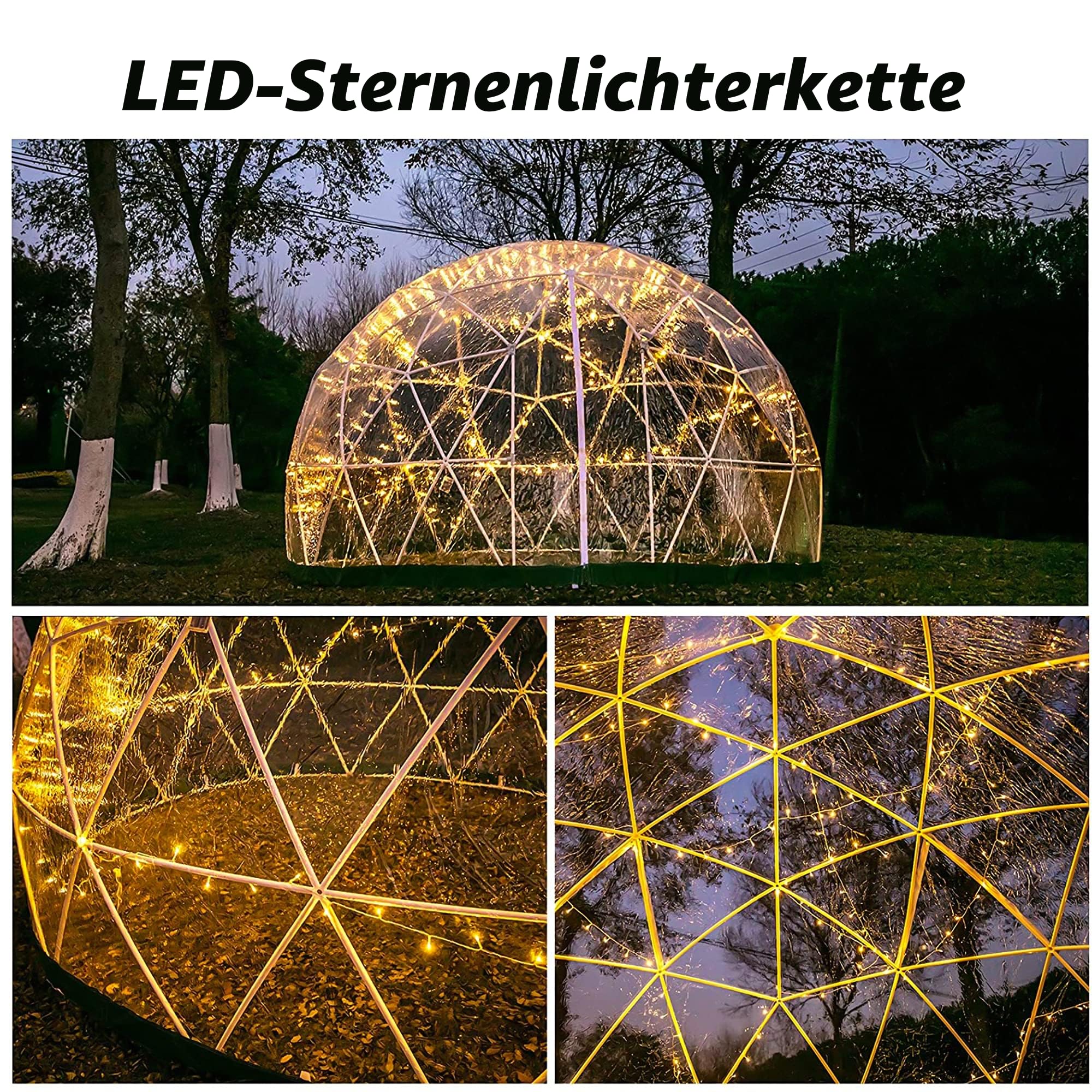Gewächshaus Gartenkuppel Iglu, 3,6 x 2,2 m, PVC-Kuppelzelt, witterfest, Blasenzelt mit 2 x 10 m Lichterketten, transparente Hülsenabdeckung, Geodätsystem