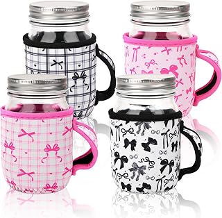 KJQJLY 4 Pcs Mason Jars Sleeves Neoprene 16oz and 24oz 32oz Regular and Wide Mouth Mason Jar Sleeves Holder with Handle (Pink & Black Bow Collection, 16 OZ)