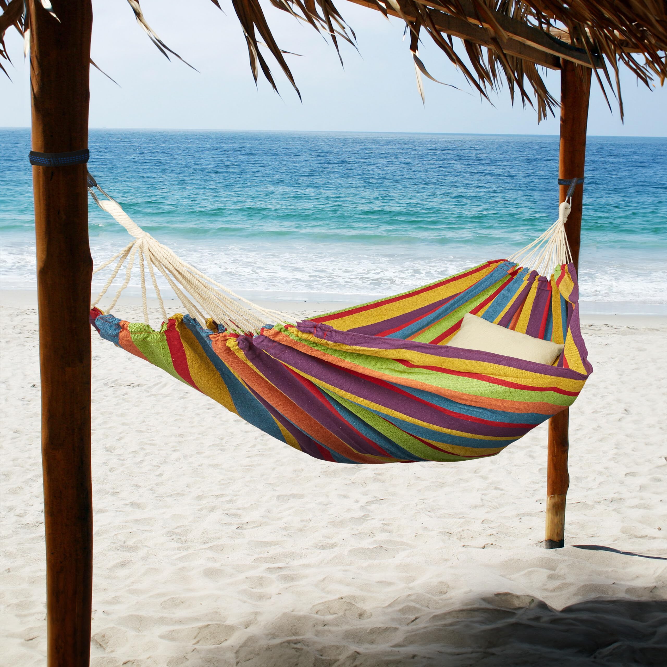Relaxdays Hamaca de Algodón, 150 x 190 cm, con Set de Fijación, hasta 300 kg, Portátil, Cama Colgante, Multicolor