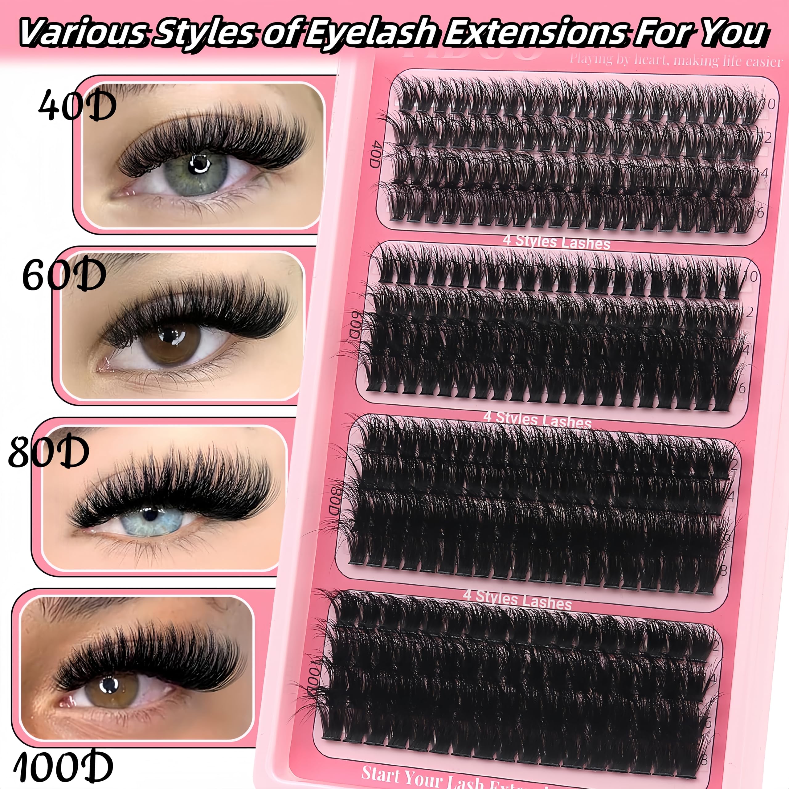 YIDUO Wimpern-Cluster-Set, künstliche Wimpern, 40D + 60D + 80D + 100D, flauschiges Volumen, D-Curl, Wispy, Einzelwimpern, 308 Stück, All-in-1-Packung mit Kleber, Pinzette, Entferner, Wimpern- und