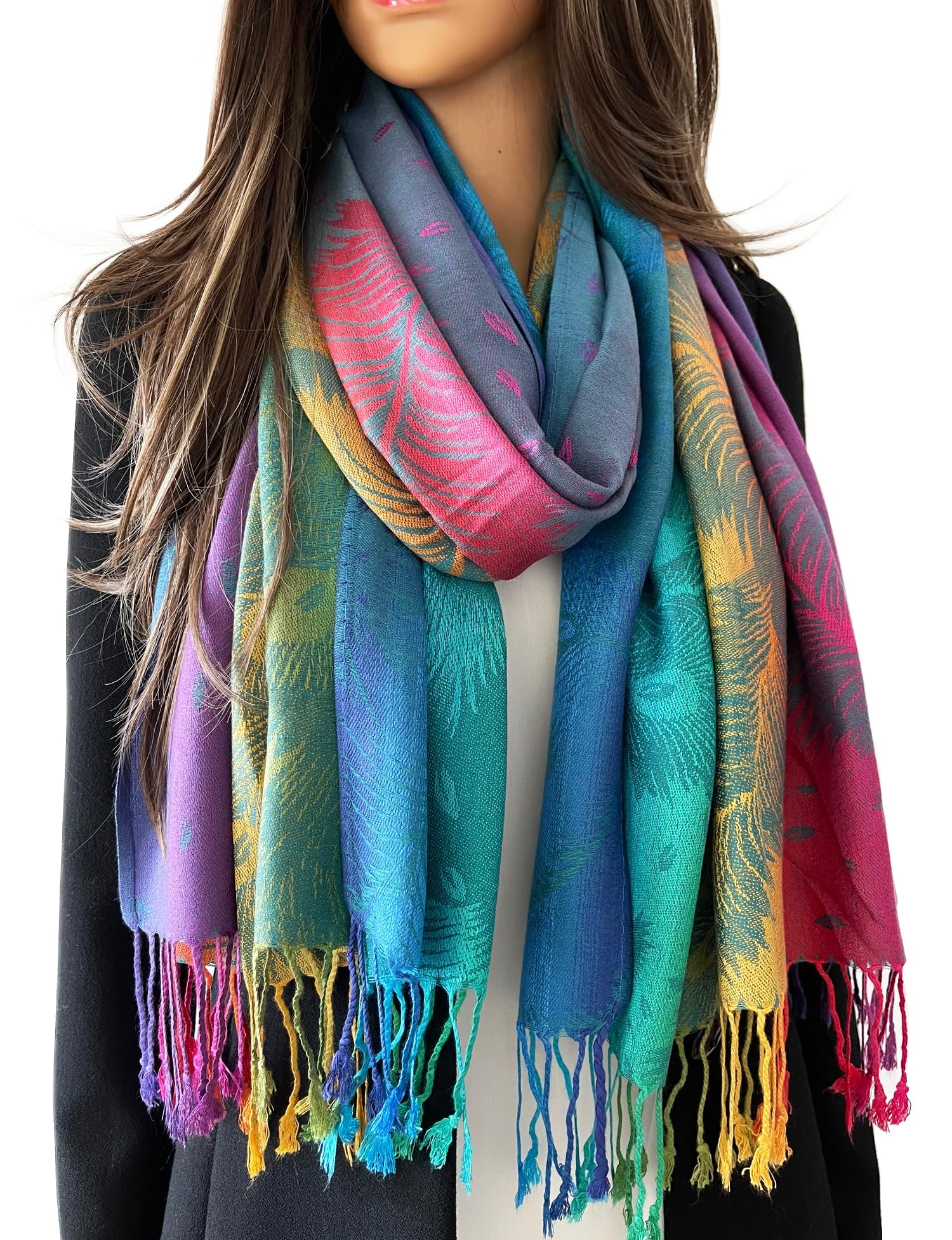 The Accessory Co. Women's Rainbow Feather Teal Scarf Pashmina Shawl Wrap - Large Lightweight Floral Paisley Scarf For For Winter, Weddings, Meditation, Prayer - Colourful Neck Scarves, Stole