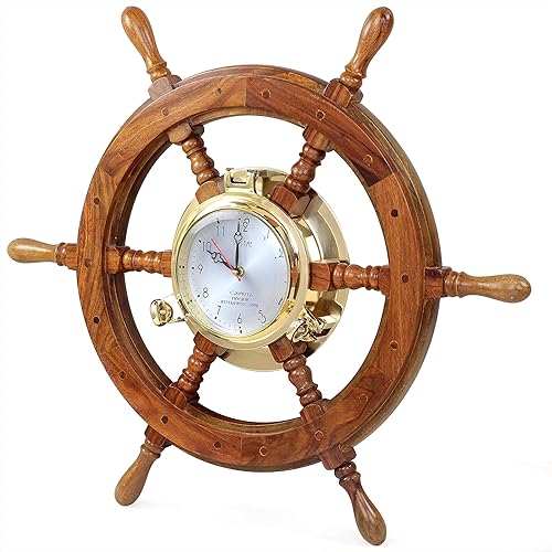 Nagina International Náutica de madera maciza capitán con reloj de tiempo, decoración vintage de capitán, regalo de decoración del hogar de la playa