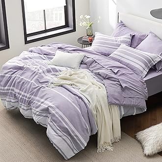 Full Comforter Set 7 Pieces, Purple Striped Bedding Set for All Seasons, Reversible, Cationic Dyeing Bed in a Bag with Comforter, Sheets, Pillowcases & Shams