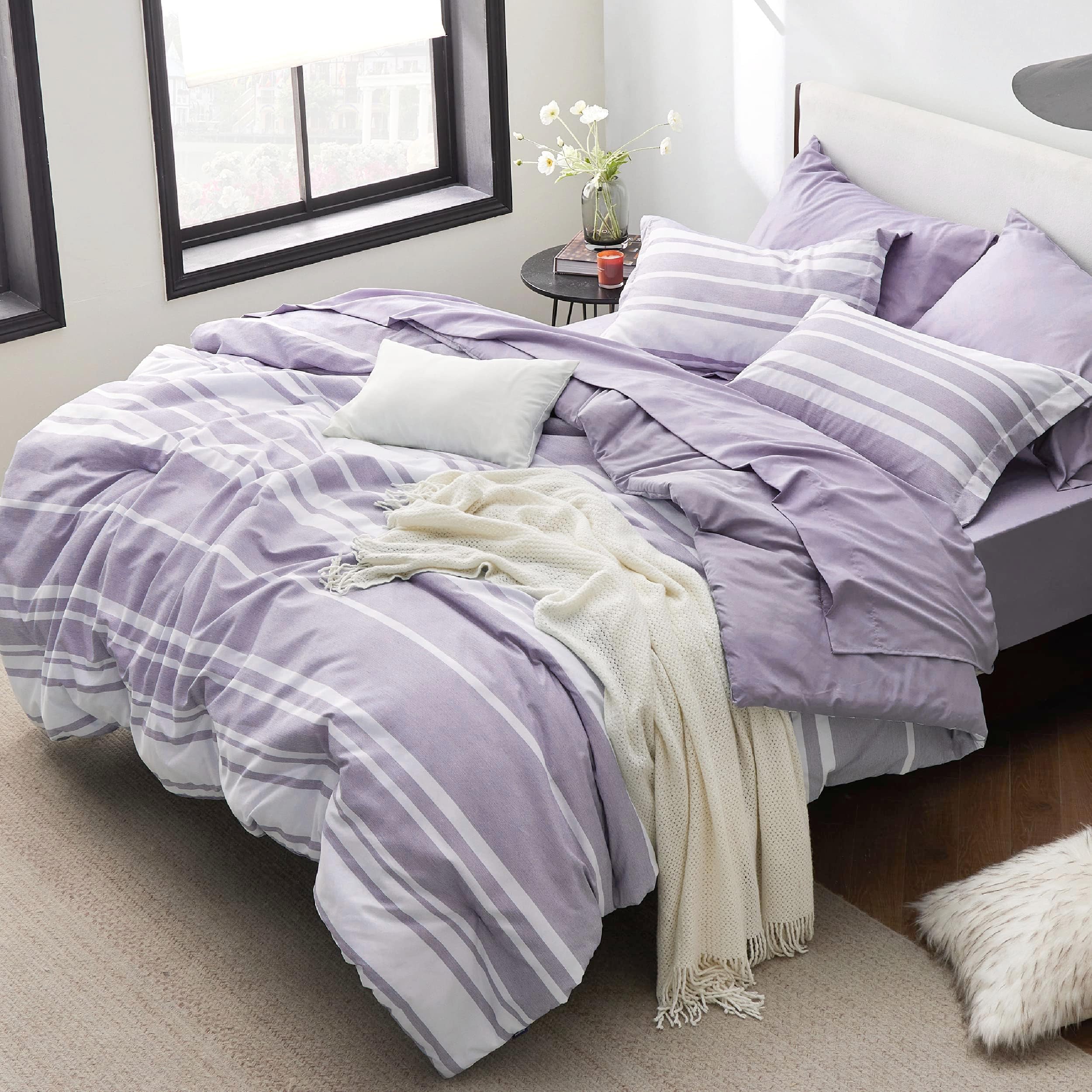 Bedsure Full Comforter Set 7 Pieces, Purple Striped Bedding Set for All Seasons, Reversible, Cationic Dyeing Bed in a Bag with Comforter, Sheets, Pillowcases & Shams