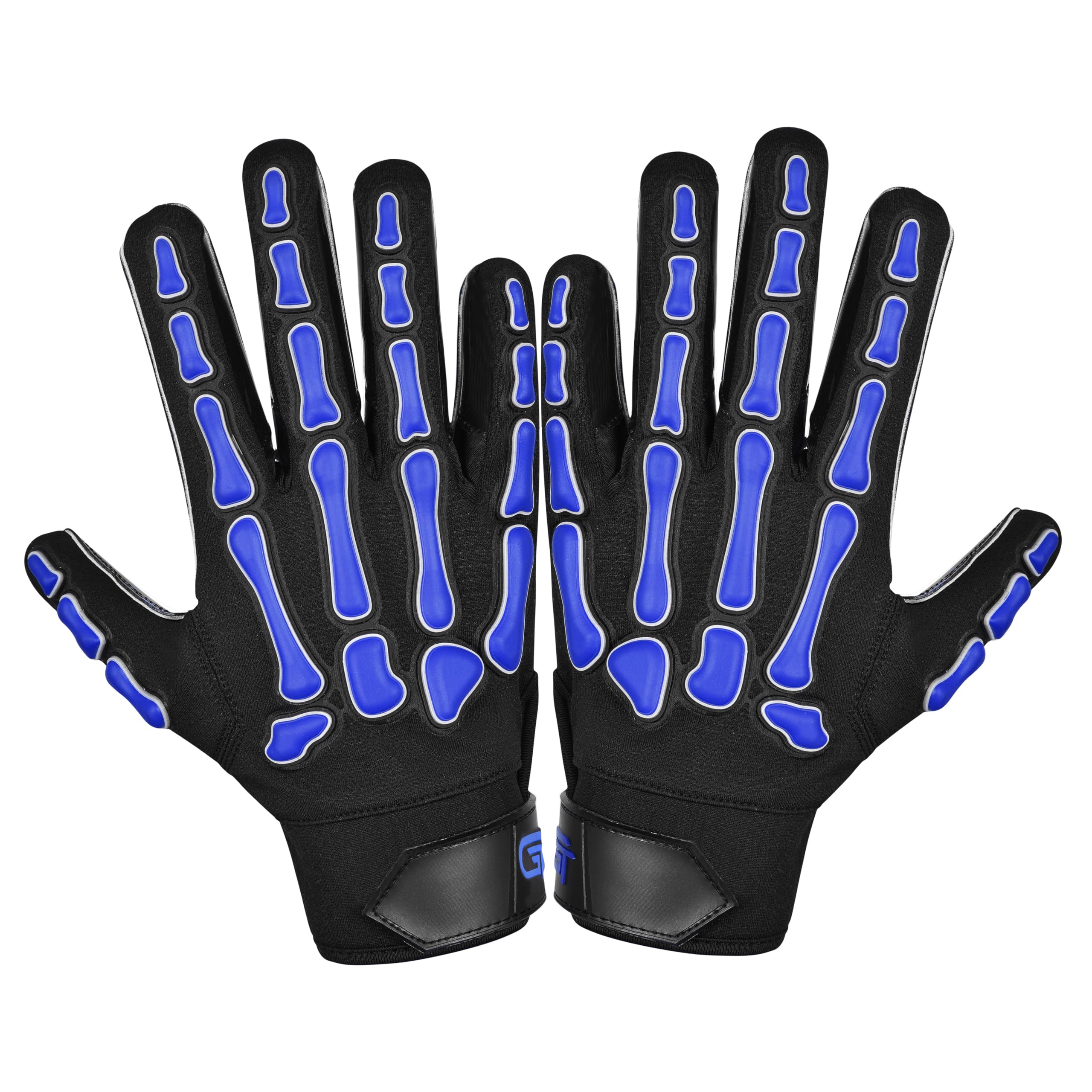 Glorious Traders Youth Football Gloves American Wide Receiver Injected Bones Football Gloves for Adult Men Women & Boys with Super Sticky Silicone Grip Palms (Blue Black, Adult Extra Large)