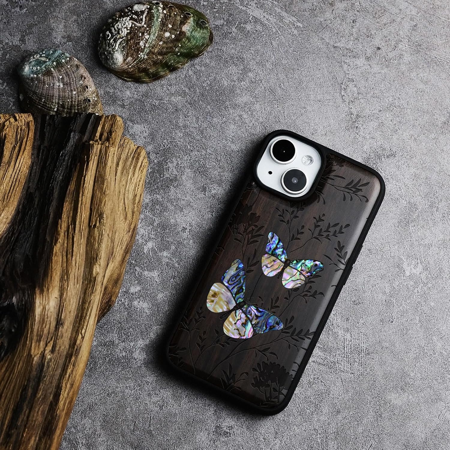Carveit Wooden Case for iPhone 15 Plus Magnetic Case, Compatible with MagSafe Wireless Chargers, Shockproof Cover, Handmade Shell Inlaid & Wood Artisan Engraved (A Dance of Nature-Blackwood)