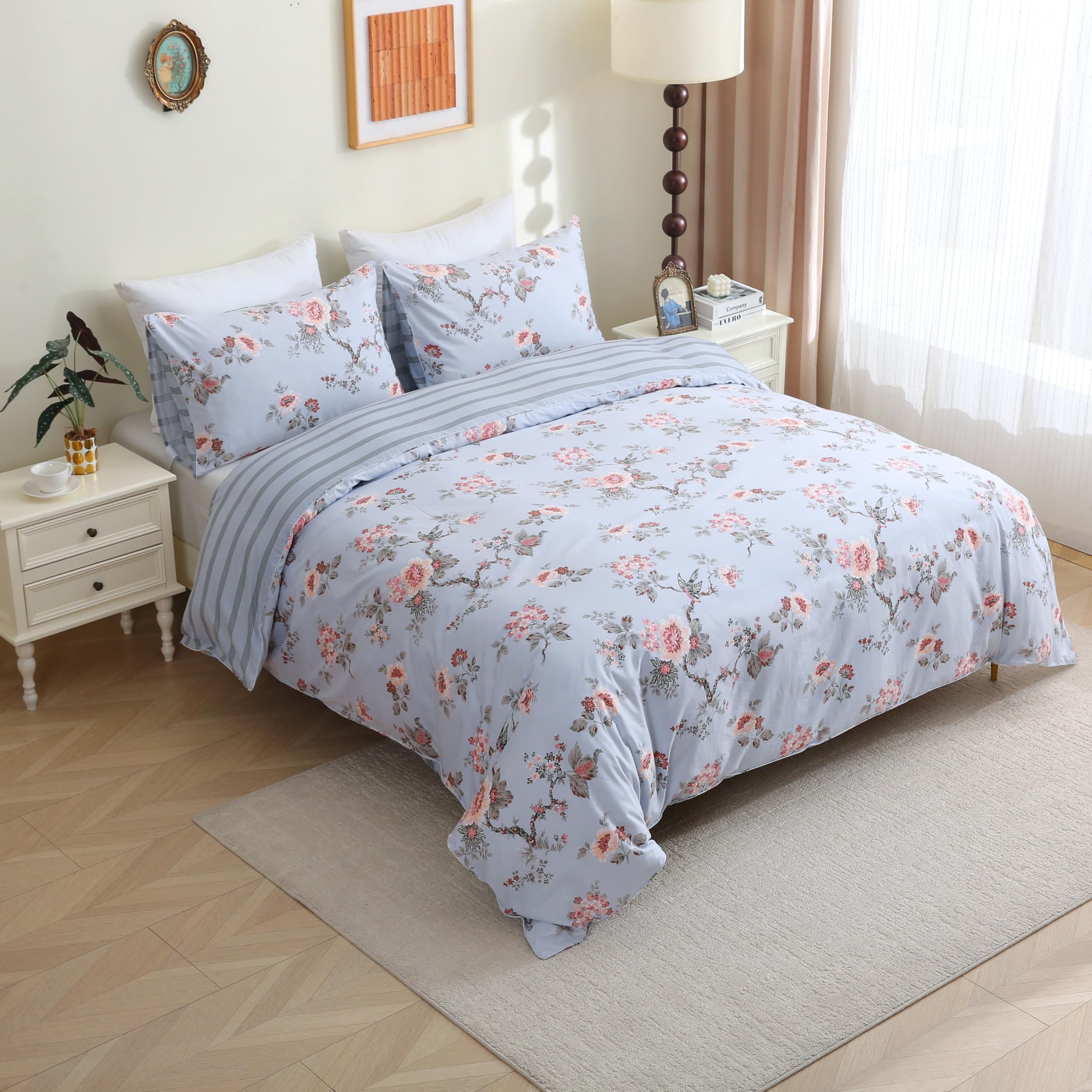 USTIDE Blue Floral Branch Bedding Set 3-Piece Super Soft Cotton Bedding Reversible Rustic Shabby Duvet Cover Set King Size - Image 2