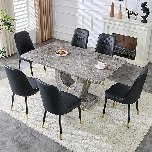 Miniatura 24 de JUFU Juego de mesa de comedor moderno para 6, juego de mesa de cocina de 63 pulgadas con mesa de mármol sintético y 4 sillas tapizadas de piel