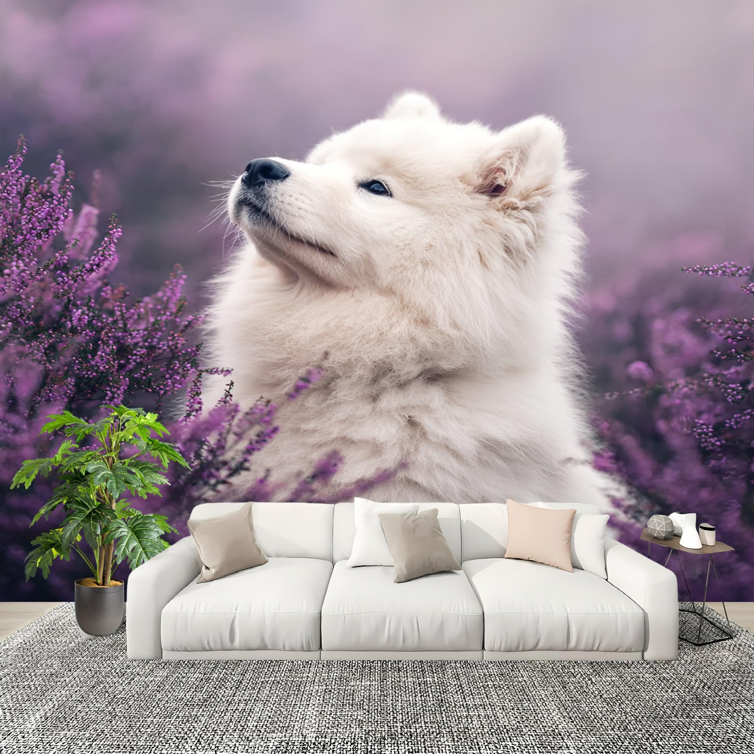 Naklejka ścienna dla dzieci tapeta do pokoju dziecięcego 350 x 256 cm pies Samoyedo 3D dekoracja ścienna naklejka na ścianę fototapeta fioletowa tapeta domowa naklejki dla dzieci dziewczynki