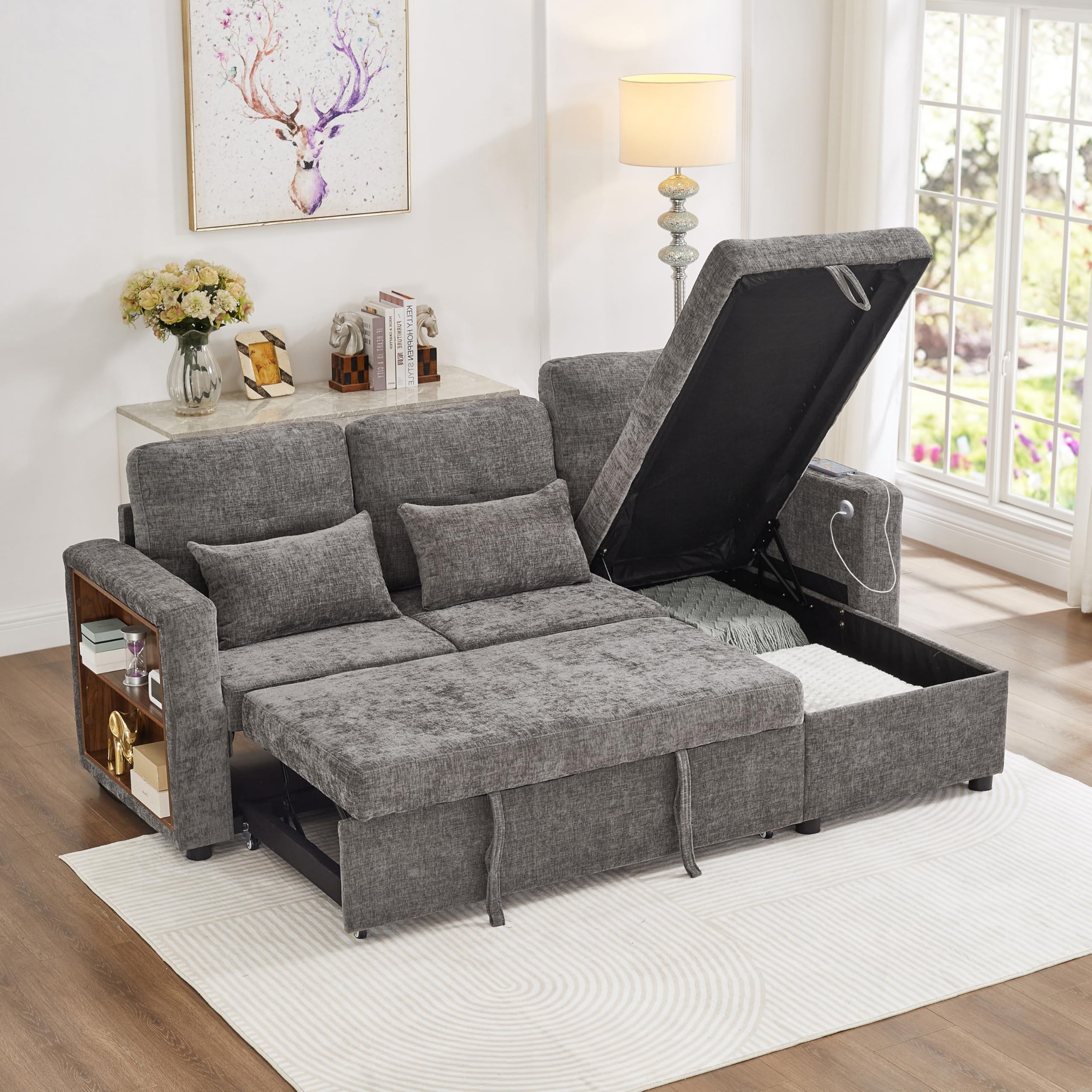 – 3-in-1 Corner Sofa Bed with Charging Station and USB & Type-C Ports, 3 Seater L-Shaped Sleeper Sofa with Storage Chaise and Armrest Side Storage, Chenille, Grey 205x124x87 cm