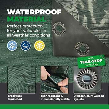 Waterproof Tarps - 10x15 ft 6 Mil Thick Green Heavy Duty Tarps, Tearproof, Recyclable, UV-Resistant Multipurpose Tarpaulin Cover for Outdoor, Camping, Furniture, Garden, Emergency Rain Shelter