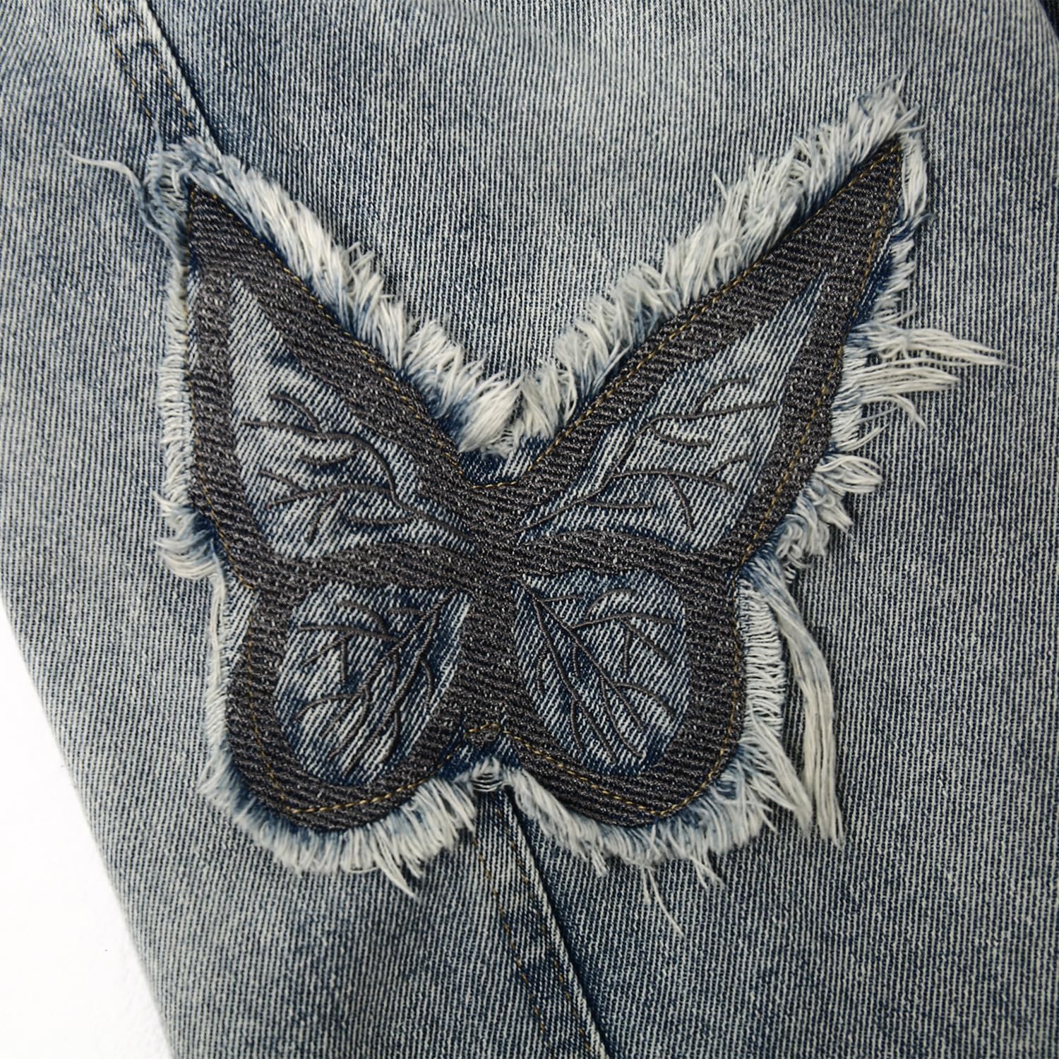 KIDSCOOL SPACE Girls Wide-leg Denim Overalls, Frayed Edge Embroidery Butterfly Jeans Workwear Pants,6-14Y