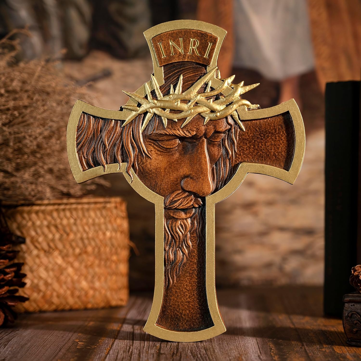 BGCOPPER Crown of Thorns Jesus Cross Wll Decor, Handmade Wooden Cross for Wall, INRI Crucifix Wall Cross for Home Room Christmas Gifts (10 Inch)