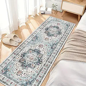 Madane Blue Runner Rug, 2x5, Low-Pile, Non-Slip, Washable, Stain Resistant, Retro, Machine-Made, Microfiber, Floral, Kitchen, Living Room, Bedroom, Laundry Room