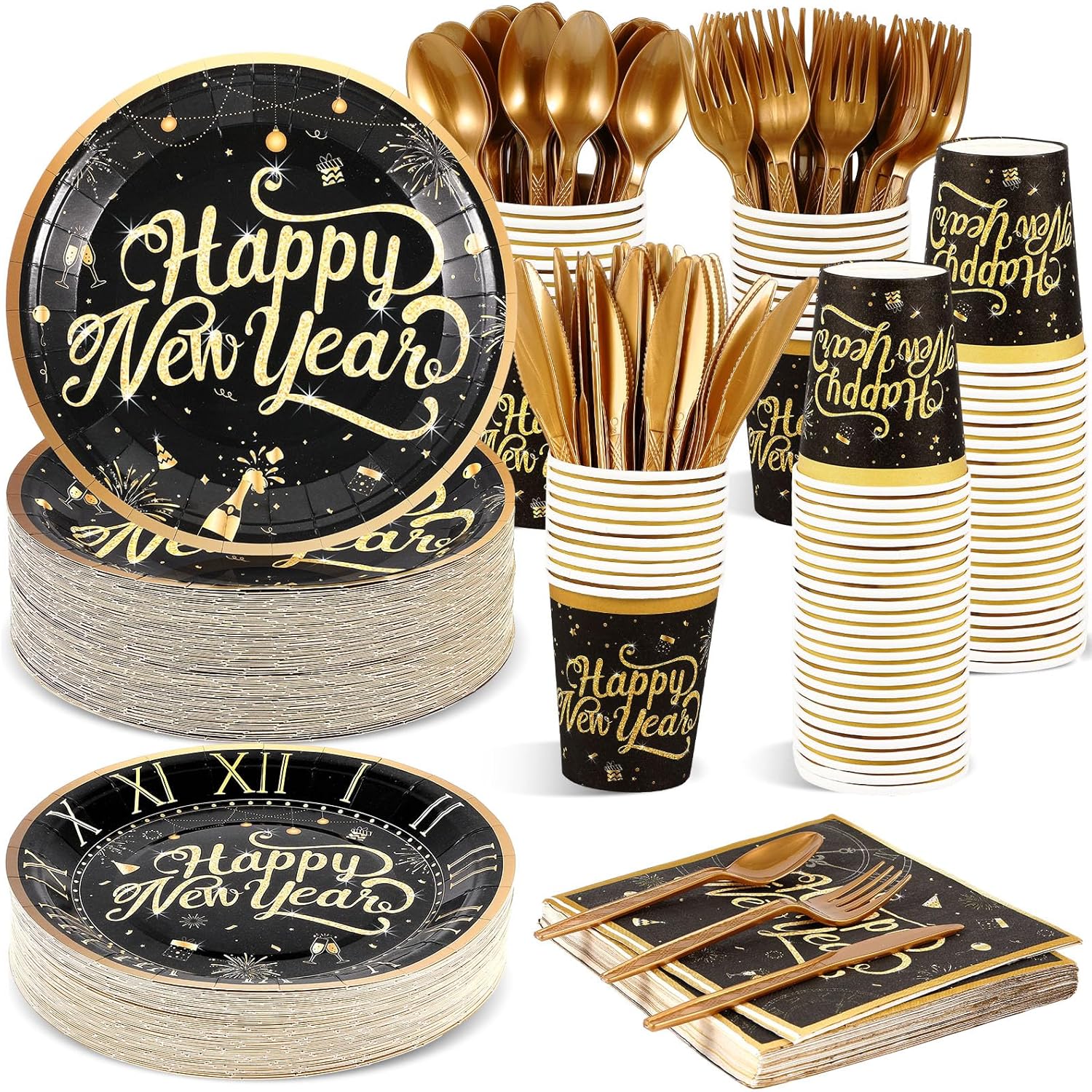 Zhehao 350 Pcs Happy New Year Party Supplies Tableware 2026 New Years Eve Dinnerware Set for 50 Guests Disposable Black Gold Paper Plates, Napkin, Cup, Knife, Fork and Spoon for Celebration (Balloon)