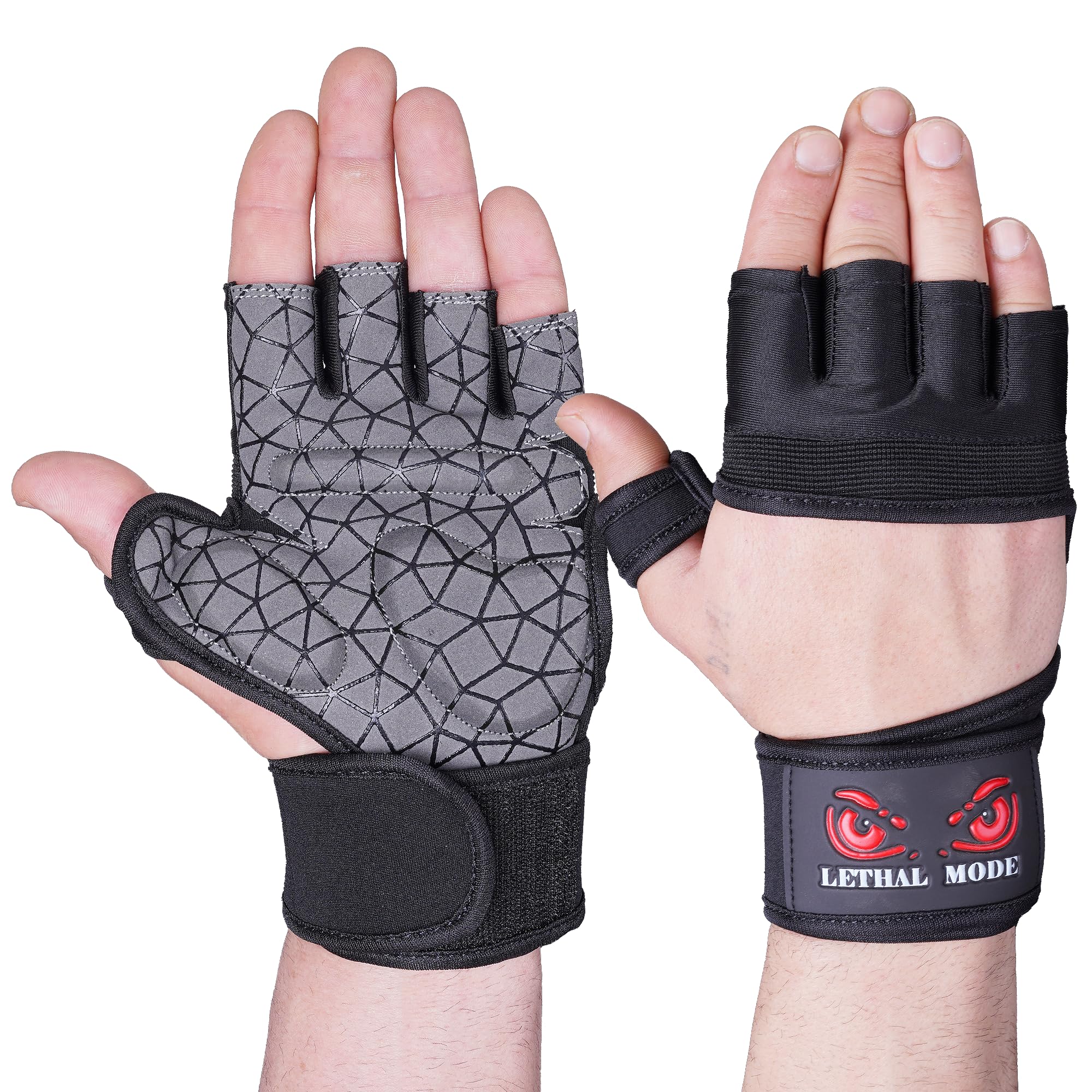 LETHAL MODE Gym Gloves for Men & Women – Weight Lifting, CrossFit, Workout & Cycling Gloves Long Wrist Wrap – Fingerless Grip Gloves Enhanced Performance and Hand Protection (D6, M)
