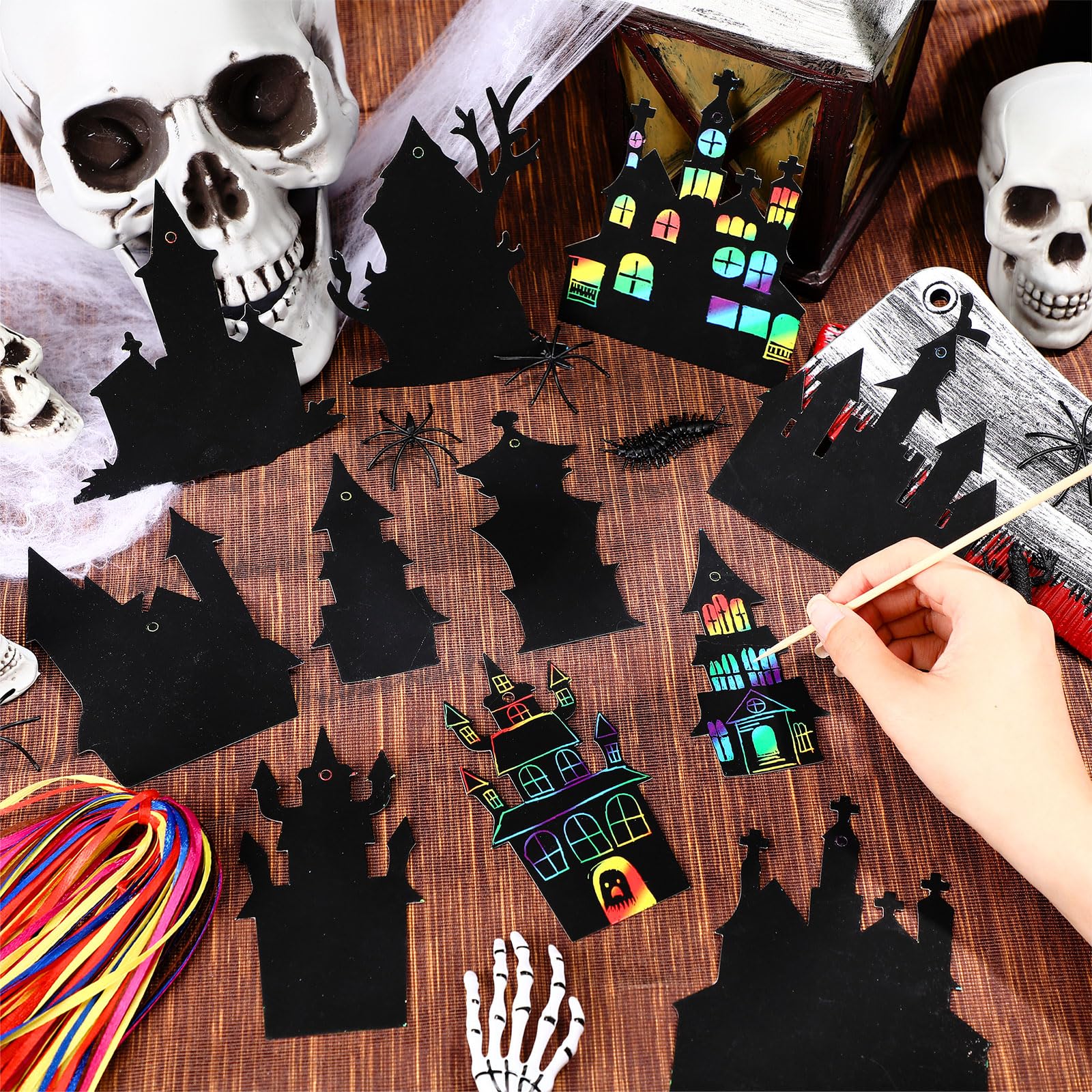 80 Piece Halloween Scratch Art Craft Kit - DIY Rainbow Scratch Cards With Sticks And Ribbons For Kids Party