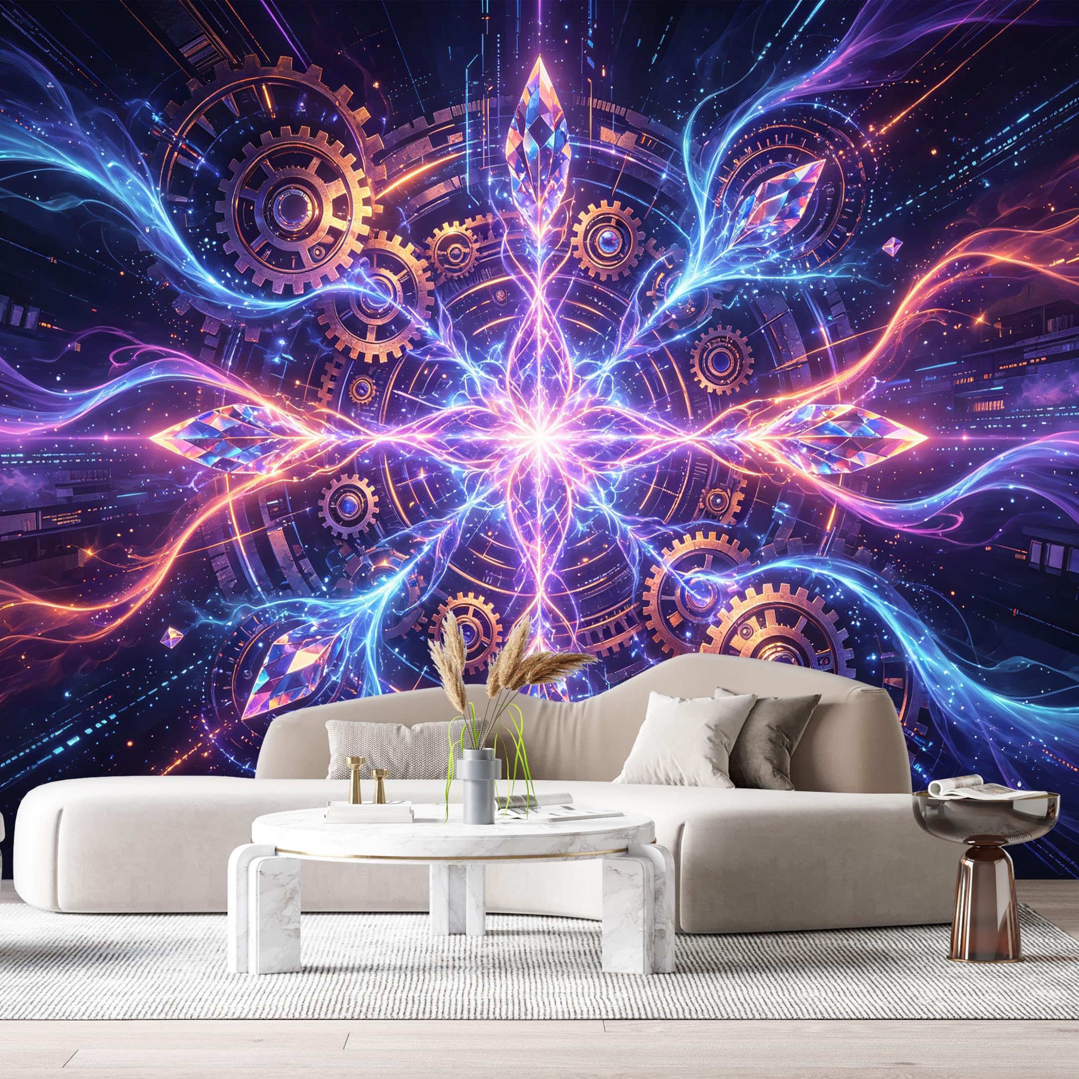 Custom Size Wall Murals Abstract Industrial Gears Neon Light Energy SelfAdhesive Wall Fabric Removable Large Wallpaper for Photo Living Room