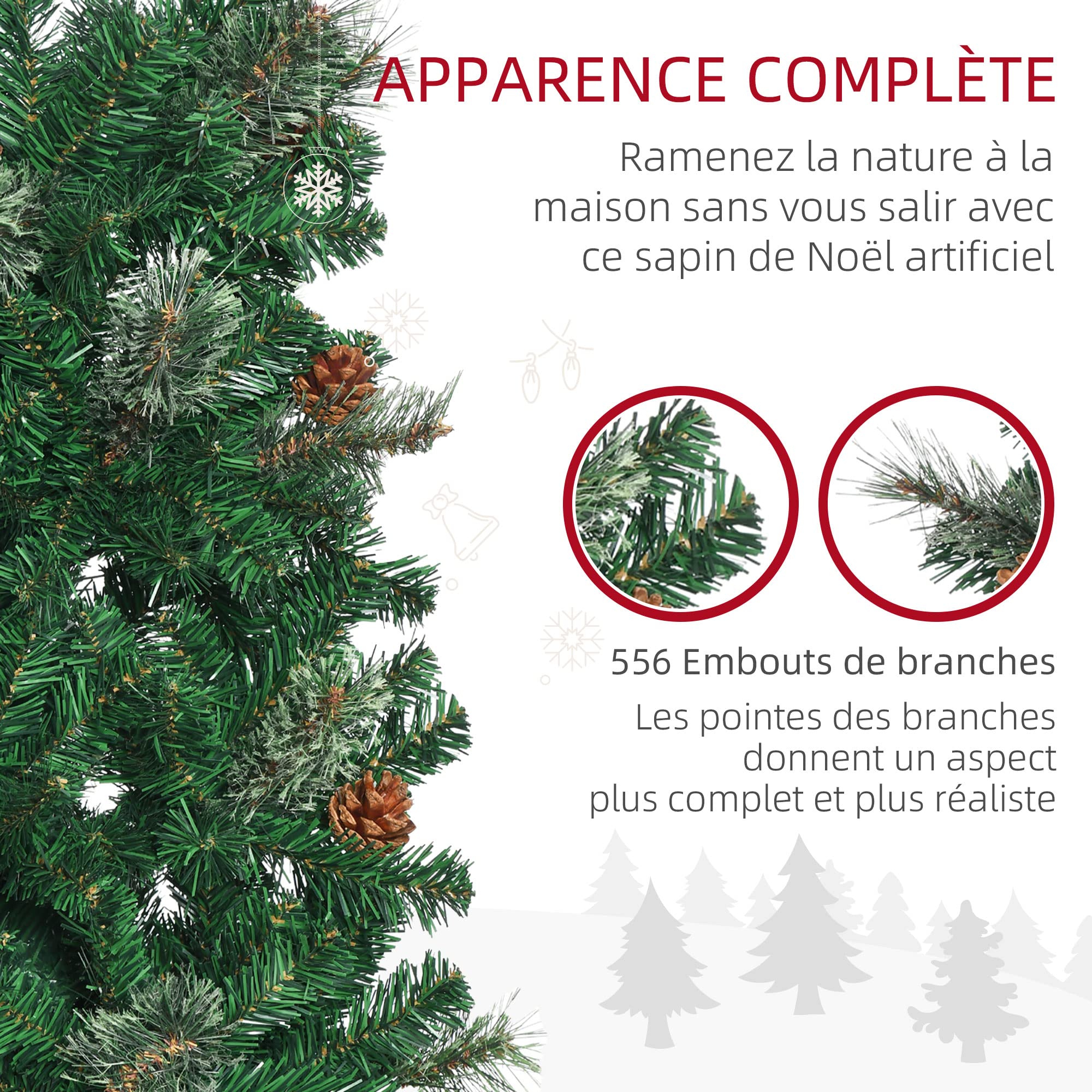 HOMCOM Sapin Arbre De Noël Artificiel 195 cm 556 Branches Vert | 27 Pommes De Pin, Support Pied Pliable